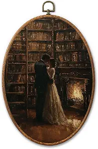 Moody Romantic Couple Library Oval Framed Wall Art - Vintage Canvas Decor for Home & Bedroom