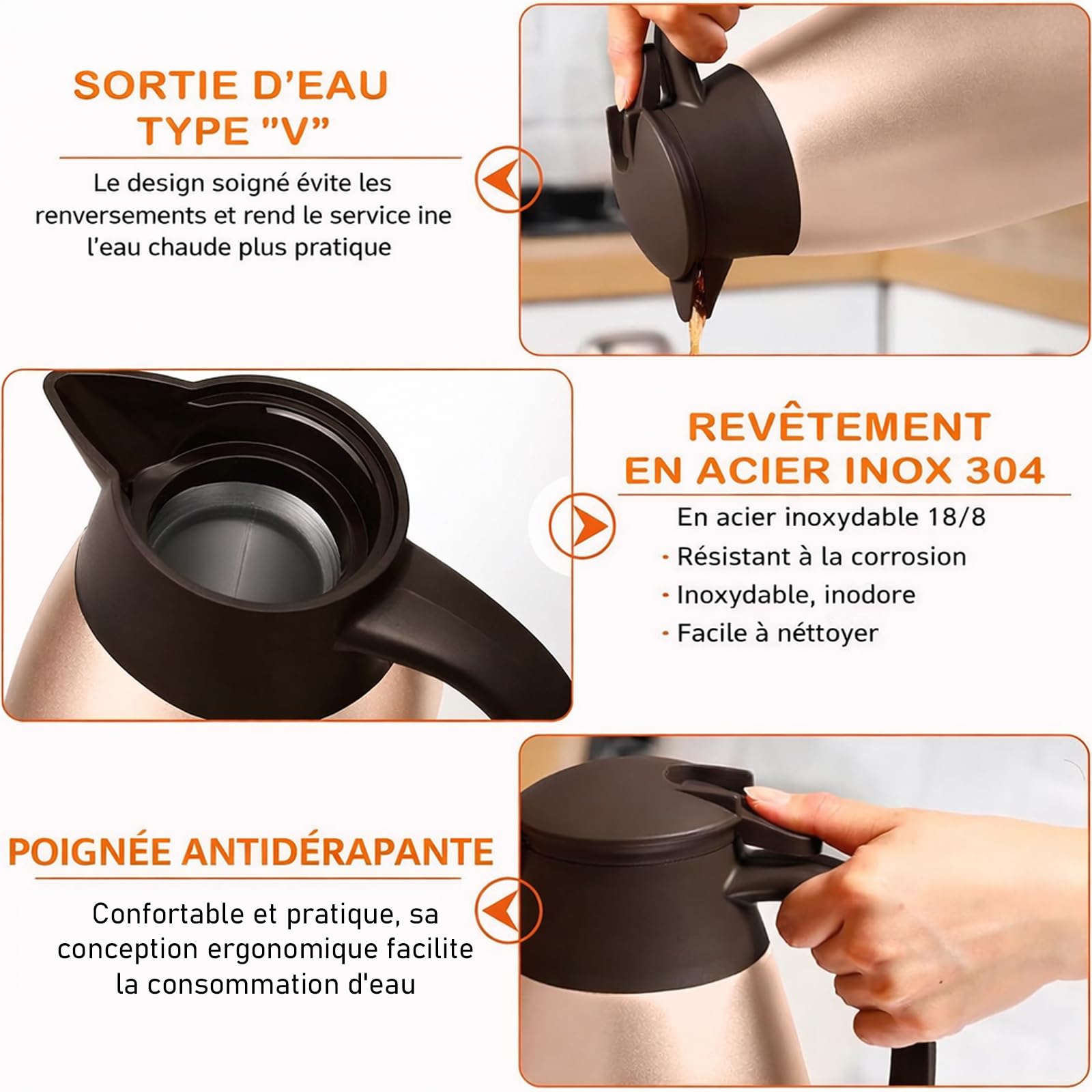 Set di 2 caraffe isotermiche da 2 l, in acciaio inossidabile, con manico a doppia parete, per caffè, tè, acqua, succo e 2 spazzole di pulizia