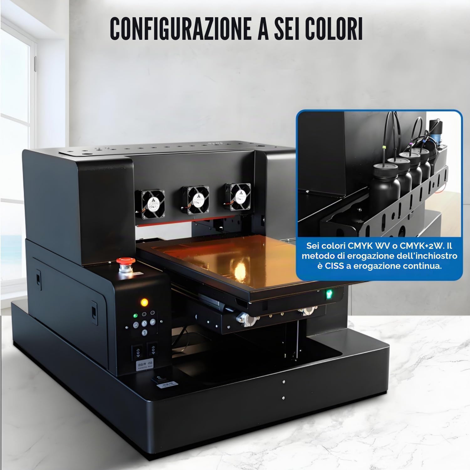 Stampante UV Flatbed Multifunzione A3 Automatica Modello L805 Risoluzione 1440x1440dpi Area Stampa 32x50cm con Albero Rotante per Stampa Cover Telefono Bottiglie e Oggetti Vari