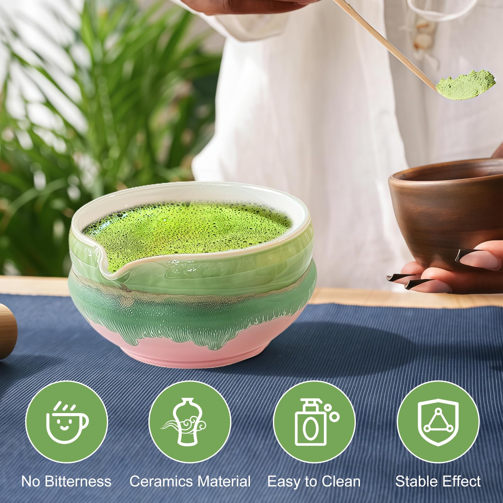 2-częściowy zestaw miseczek do matchy z dzióbkiem, różowy zestaw do herbaty matcha, z miską do matchy chawan i ceramicznym uchwytem na miotły, akwarela, glazurowana porcelana z pudełkiem