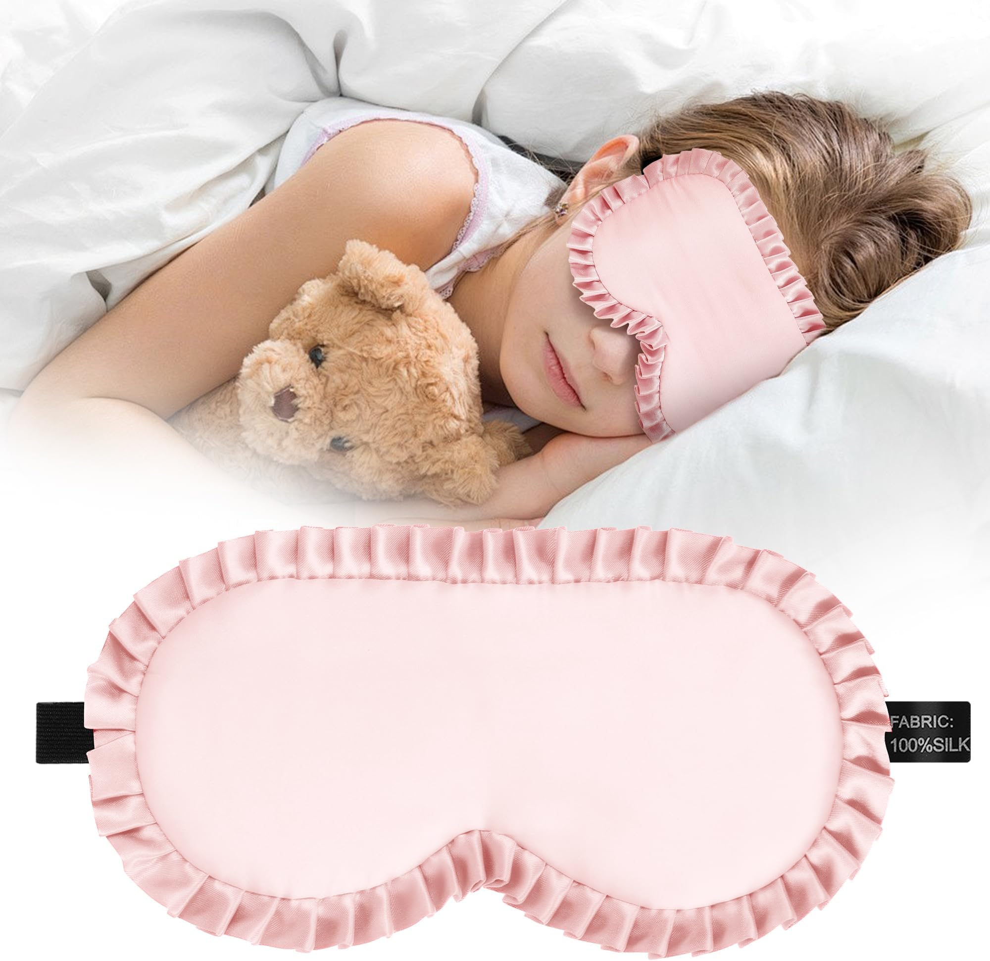 Kids Sleep Mask, 100% Real Mulberry Silk Eye Mask, Sleeping Mask for Kids with Adjustable Elastic Band, Soft & Light Blocking Eye Cover Gift for Boys Girls Teens Age 5+ (Pink)