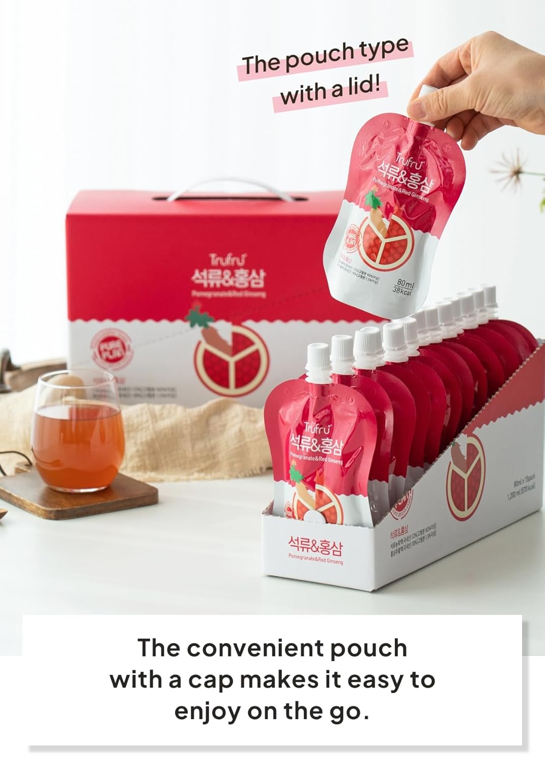 Korean Food Trufru Pomegranate & Red Ginseng Essence - All-Natural Zesty Vitality Shot, Tart & Tangy Morning Boost, 15 Individual Pouches (2.7 fl oz Each)