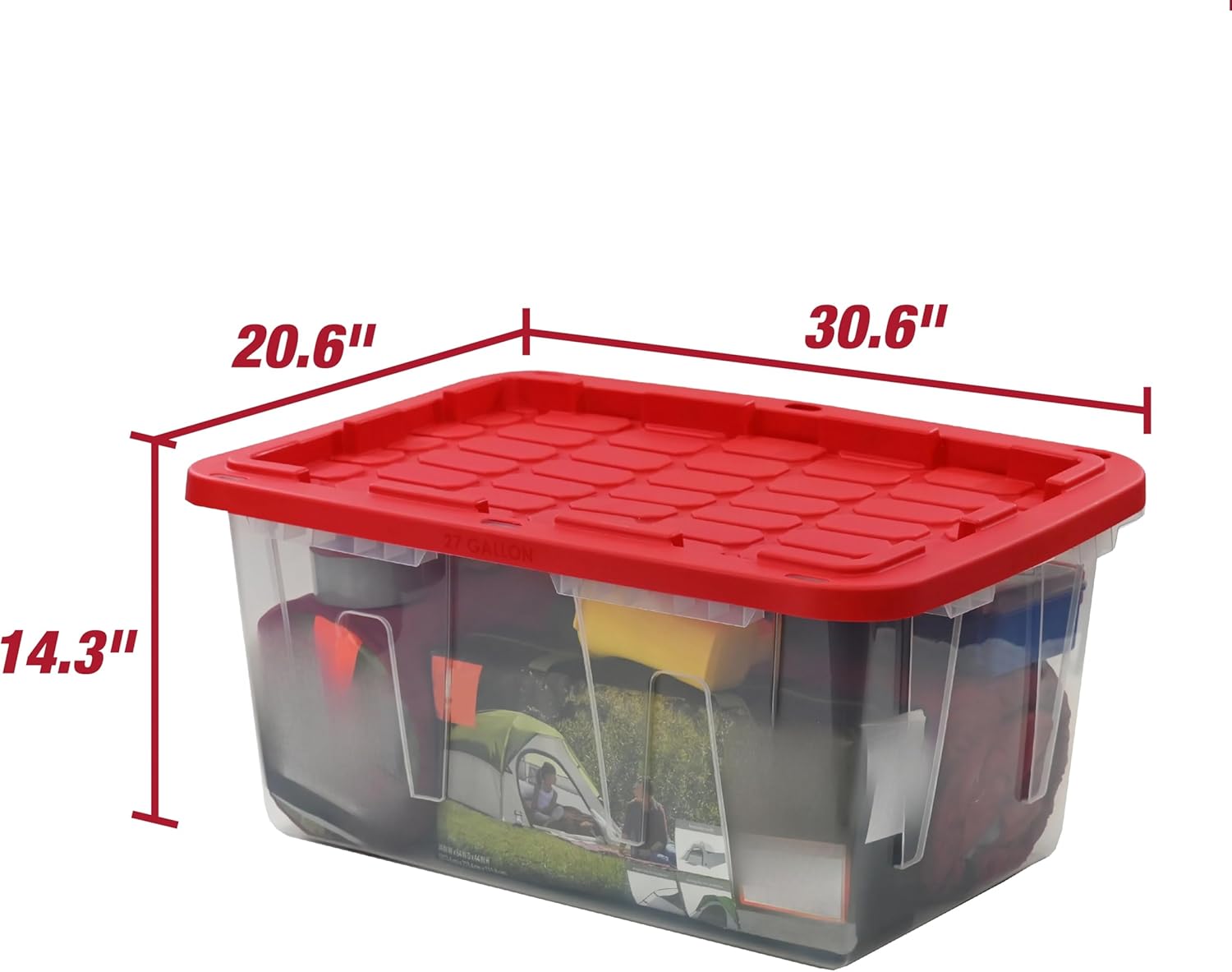 27 Gallon Clear Heavy-Duty Plastic Storage Bins with Red Snap-On Lids (Set of 2), Large Capacity Storage Containers for Garage Basement