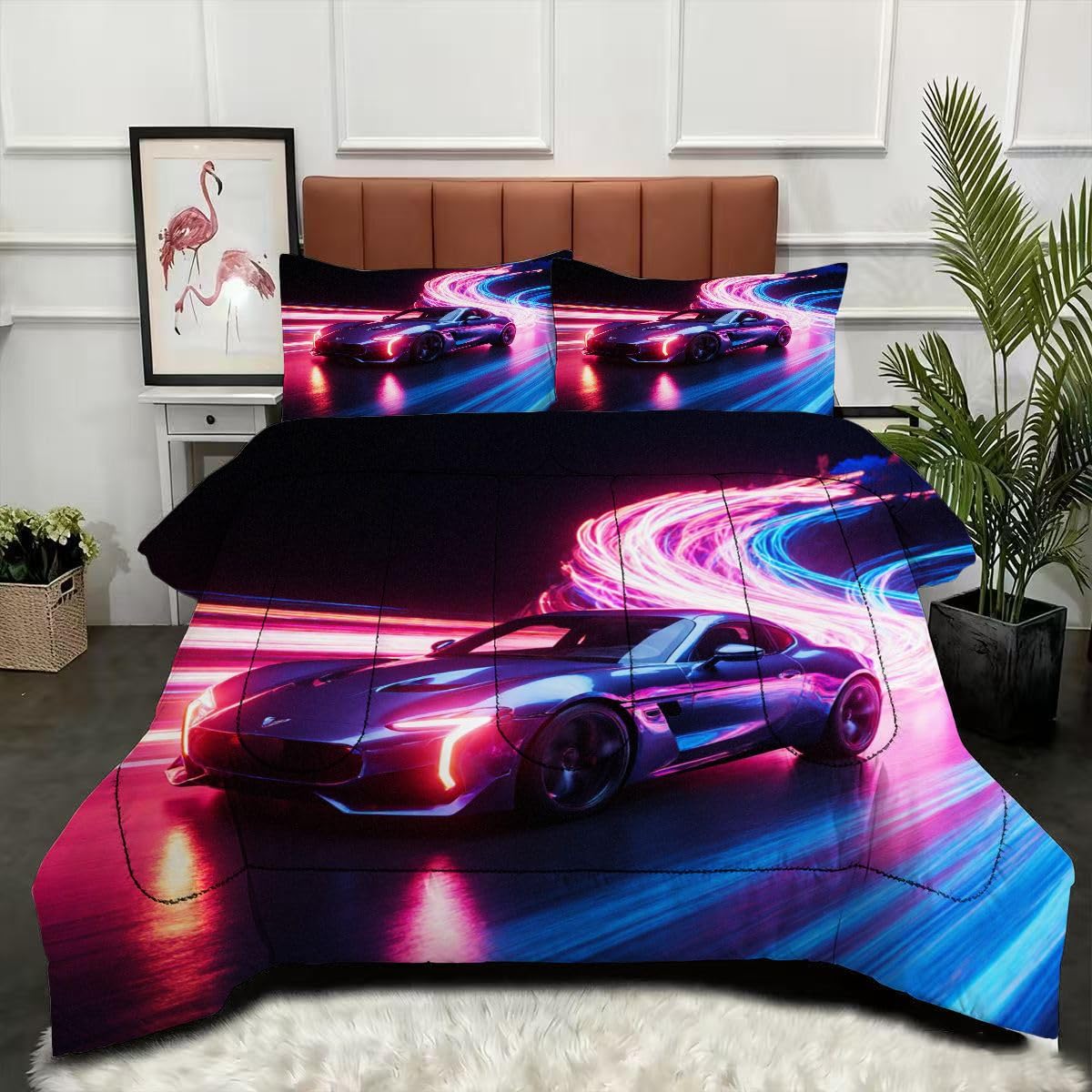 Couette 240 x 260 cm voiture de sport 3D parure lit microfibre lavable