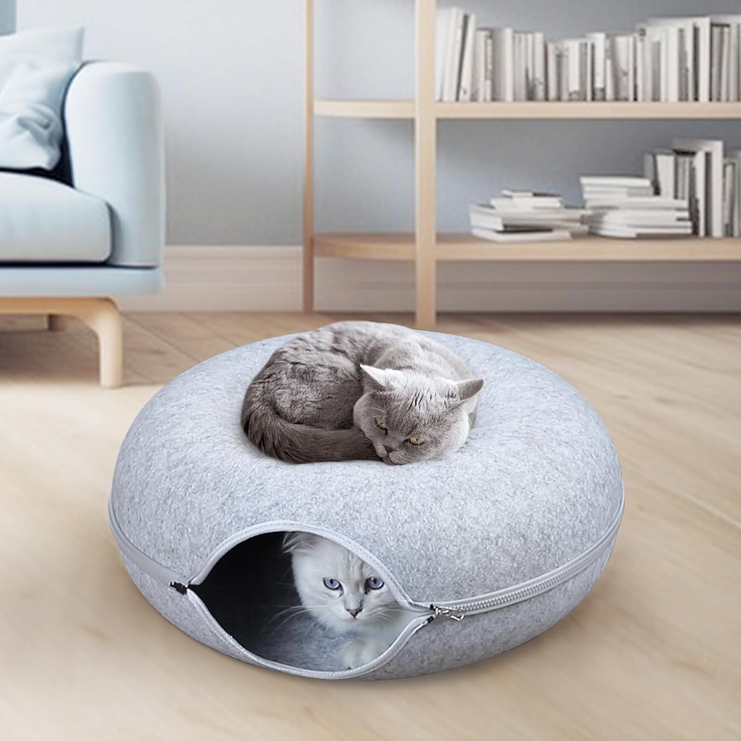 RIZZARI 20 * 20 * 8 Inches Small Cat Tunnel Bed, Peekaboo Cat Cave for Indoor Cats, Comfortable and Washable Cat House, Detachable Donut Pet Bed for Cats and Kittens (Small, Light Gray)