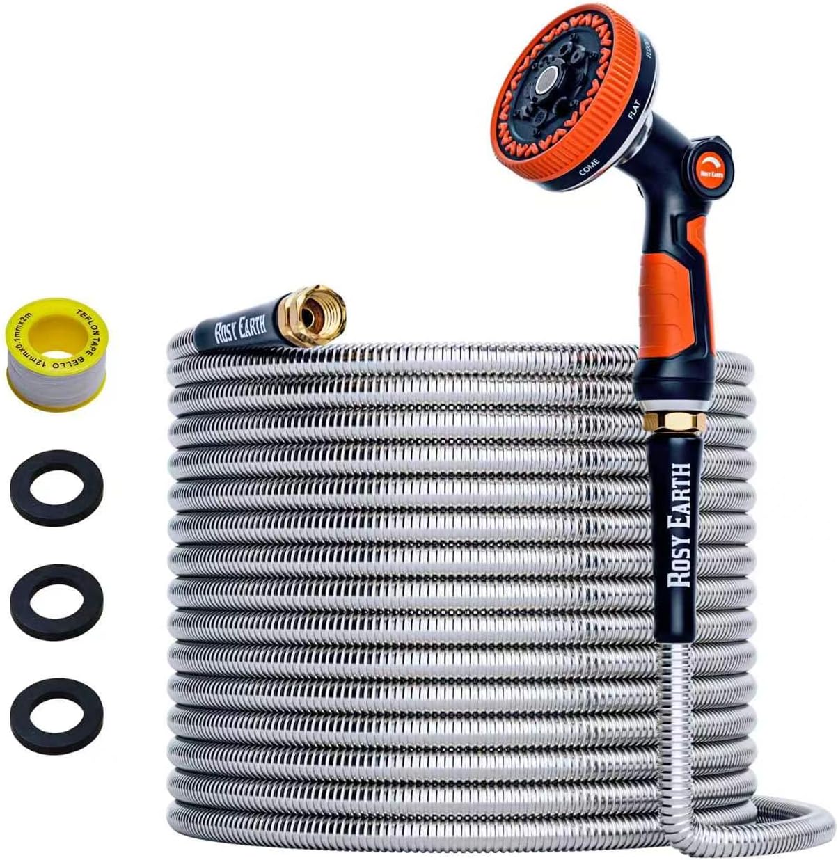 75ft Stainless Steel Garden Hose, Heavy Duty Metal Water Hose with 8 Functional Ultra-Wide Nozzle, No-Kink Outdoor Hoses Flexible Tough Water Hose Sprayer for Yard, RV