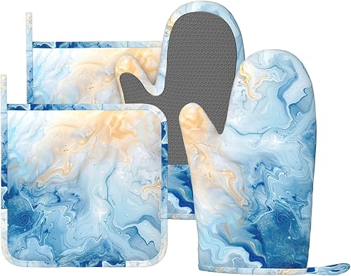 Miniatura 33 de Manoplas de horno y agarradores de ollas de mármol blanco y oro de silicona, accesorios de cocina de 4 piezas, guantes largos resistentes al calor