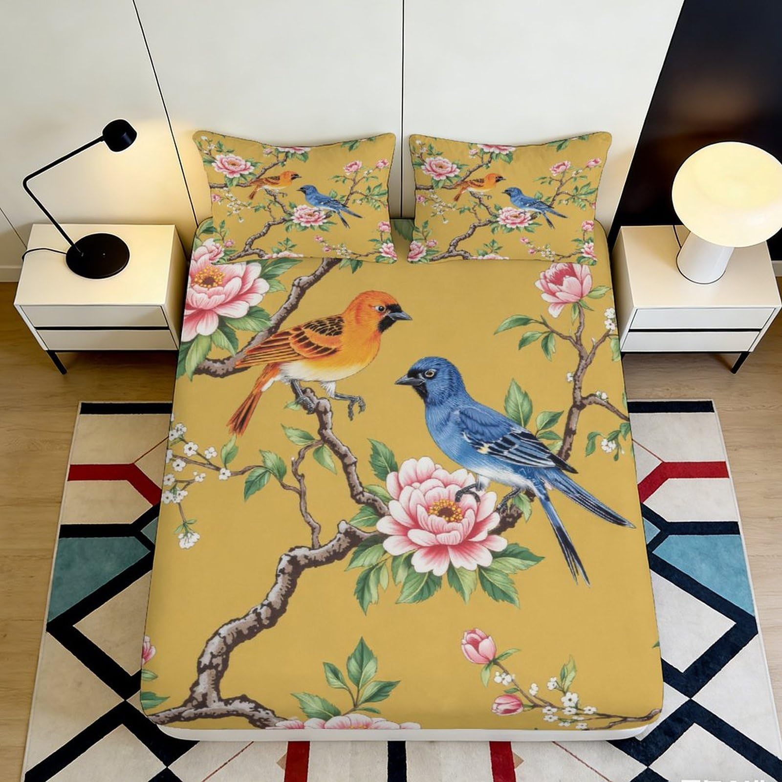 Kzqnxhjprl Style-7 3D Printed Floral Bird Fitted Sheet Microfiber Soft Breathable Nature Blossom Bed Sheet For Bedroom Guest Room Decor 90X200x25cm