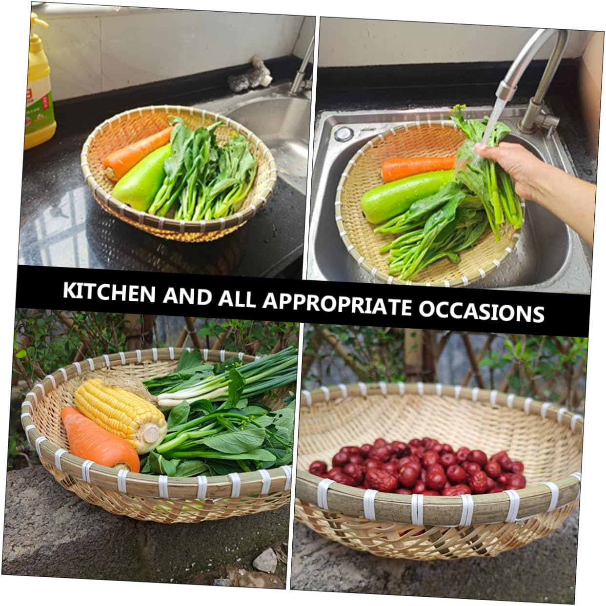Bread Basket and Food Serving Tray Set, 5pcs round Drying and Storage Baskets, Natural Woven for Kitchen, Fruit, Bun, and Vegetable Drainage