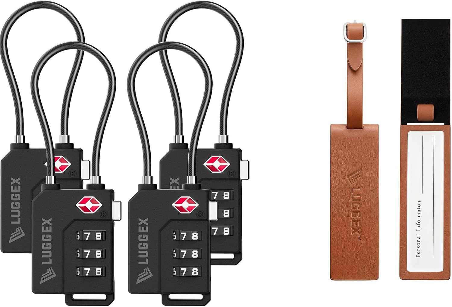 LUGGEX TSA Luggage Lock Bundle 4 Pack+Magnetic Leather Luggage Tag 1 Pack, Travel Essentials Kit (Black&Brown)