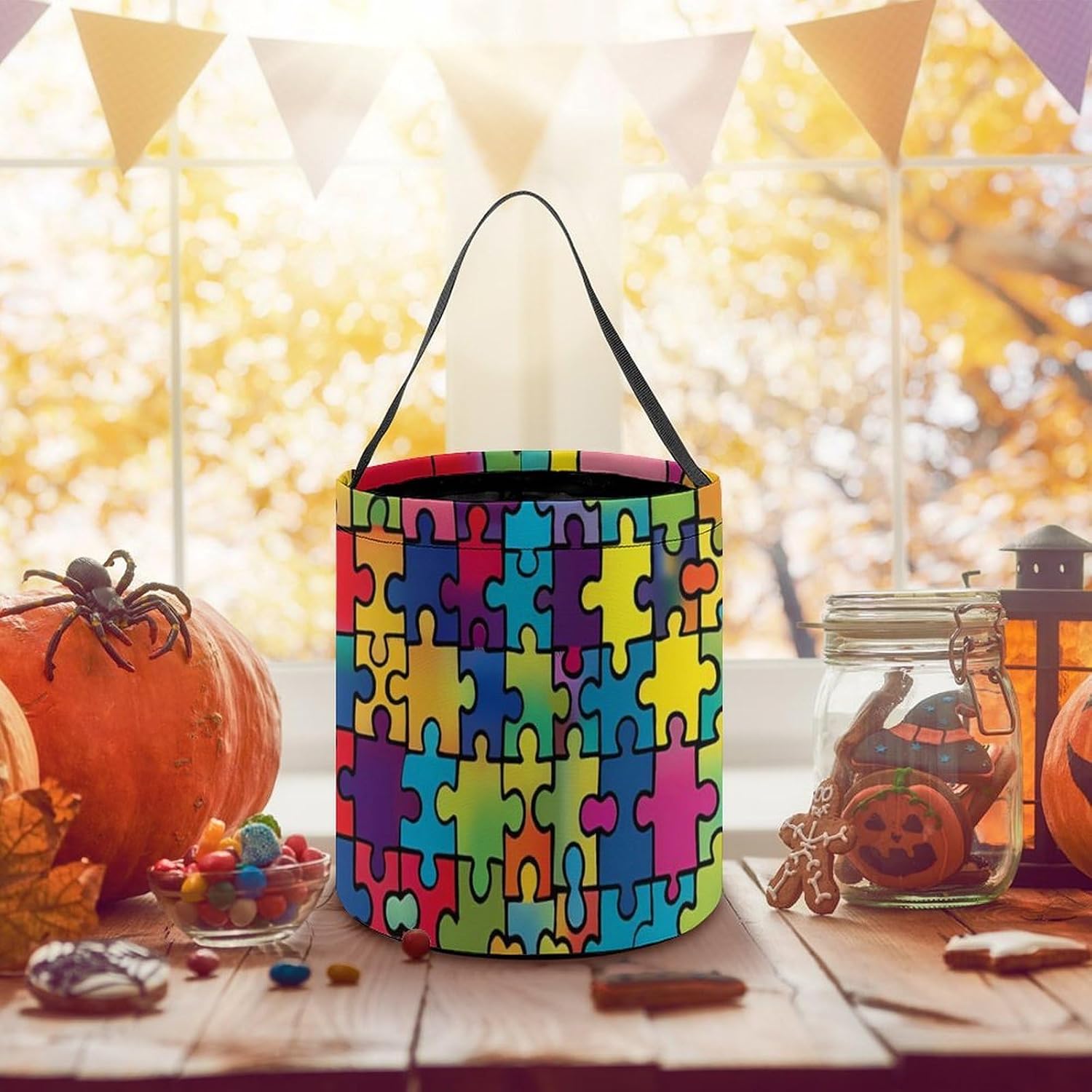 Autism Awareness Puzzle Candy Bag Halloween Treat Goody Bags Party Basket Handbag Holiday Decor