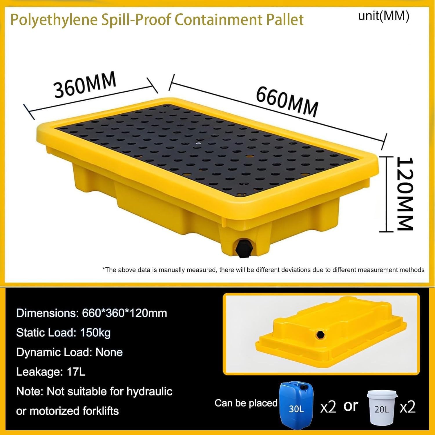 Spill Containment Pallet,Spill Containment Modular Platform,with Drain Outlet & Forklift Pockets,Stackable Detachable Tray for Garage, Kitchen, Basement & Industrial Storage(66x36x12cm)