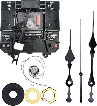 Black Quartz Clock Movement Replacement with Speaker, 4 Music Options, Hourly Chime, Night Shut-Off, Adjustable Volume, DIY Kit