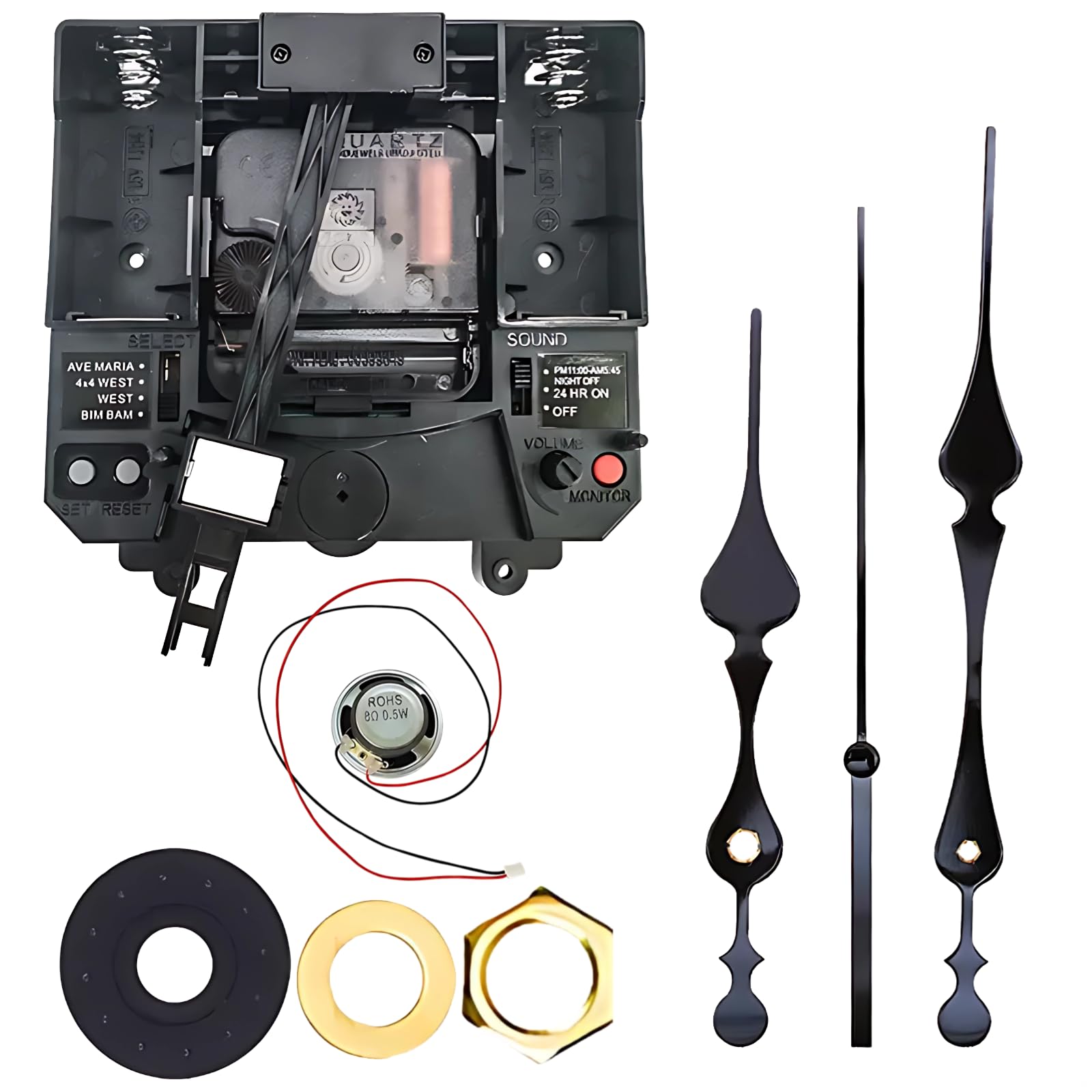 Quarz-Uhrwerk-Ersatz-Set, Stundensignal, Nachtabschaltung, einstellbare Lautstärke, inklusive Lautsprecher, 4 Melodien, DIY-Reparatur, schwarz