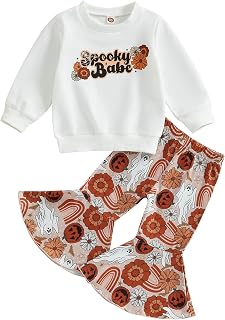 Toddler Baby Girl Halloween Outfit Spooky Sweatshirt Long Sleeve T-Shirt Bell Bottom Pants Set Fall Clothes