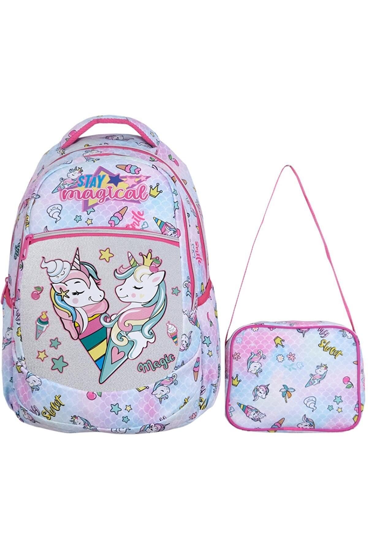 TahTicMer ilkokul Okul Sırt çantası Kız Erkek Unisex Beslenme çantalı Ortopedik 2li Set At Model Unicorn Beyaz