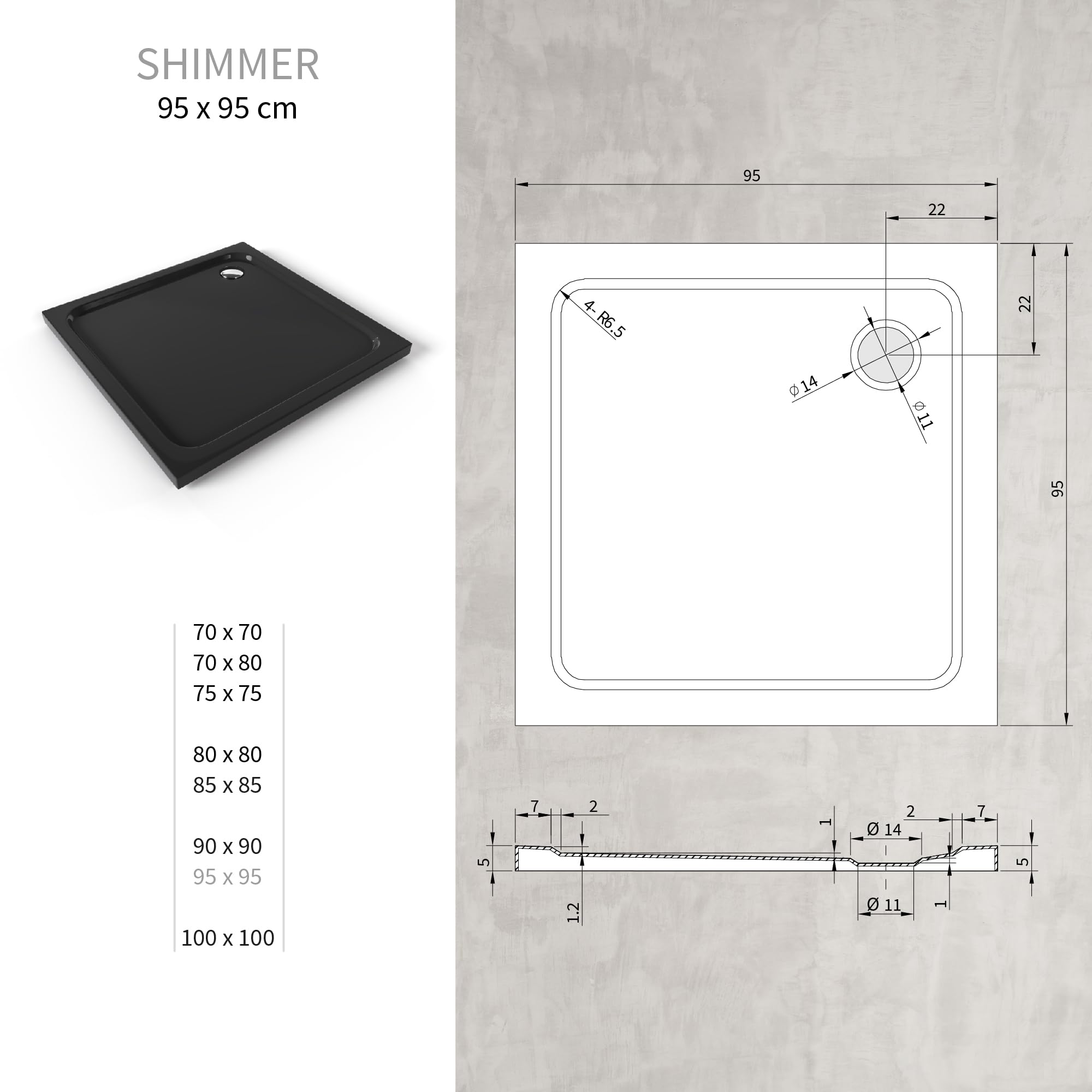 Duschwanne SHIMMER 95x95 cm – Flache Duschtasse aus hochwertigem Sanitäracryl in Schwarz, inkl. Ablaufgarnitur (Siphon) mit Geruchsverschluss, extra stabil & pflegeleicht