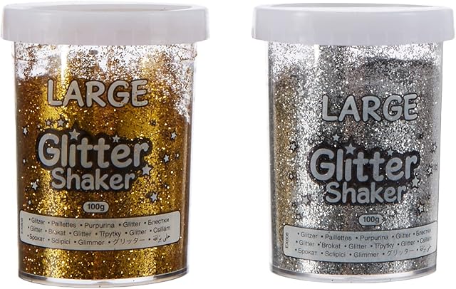 Baker Ross Jumbo Gold and Silver Glitter Shakers for Kids Arts and Crafts  Large Glitter Containers Ideal for Crafting in Classrooms, Schools, and Preschools (Pack of 2),100g