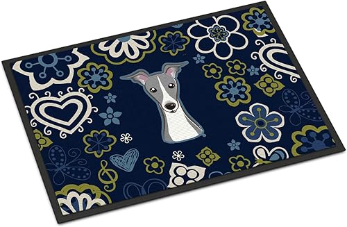 Miniatura 206 de Caroline's Treasures BB1449JMAT - Tapete de bienvenida de carlino negro, 24 x 36 pulgadas, tapete azul para puerta delantera, para interiores