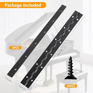 4 Pcs Heavy Duty Piano Hinges for Wood, 30cm/12 inch Continuous Hinges with Holes, Stainless Steel Cabinet Hinge for Cabinet Doors Pianos Windows, with Screws (Black)