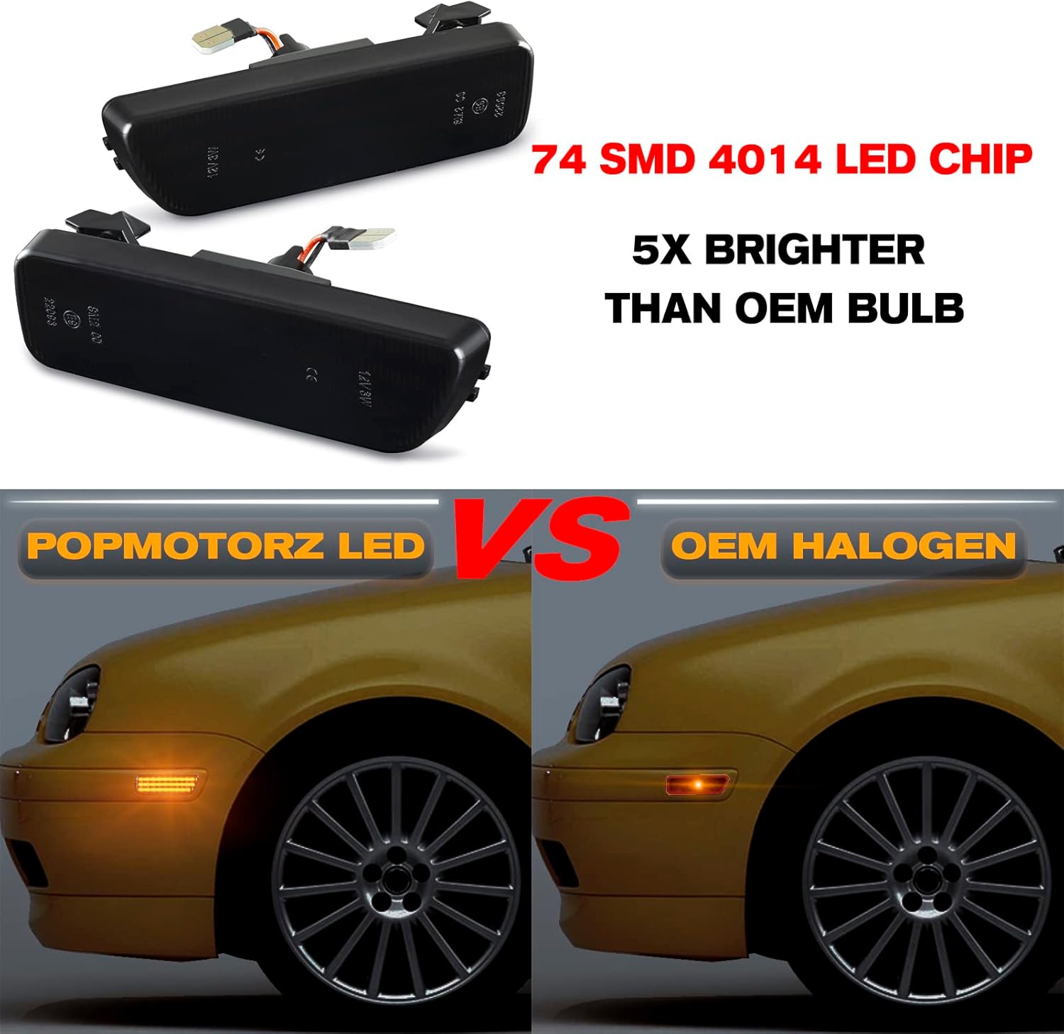 Front Bumper LED Side Marker Light Blinker Signal Lamp Compatible With V-olkswagen1999-2005 G-OLF MK4、JETTA MK4,2000-2003 GTI/R32 MK4,1999-2002 CABRIO Replace OEM Amber Sidemarker Lamp Smoke Lens