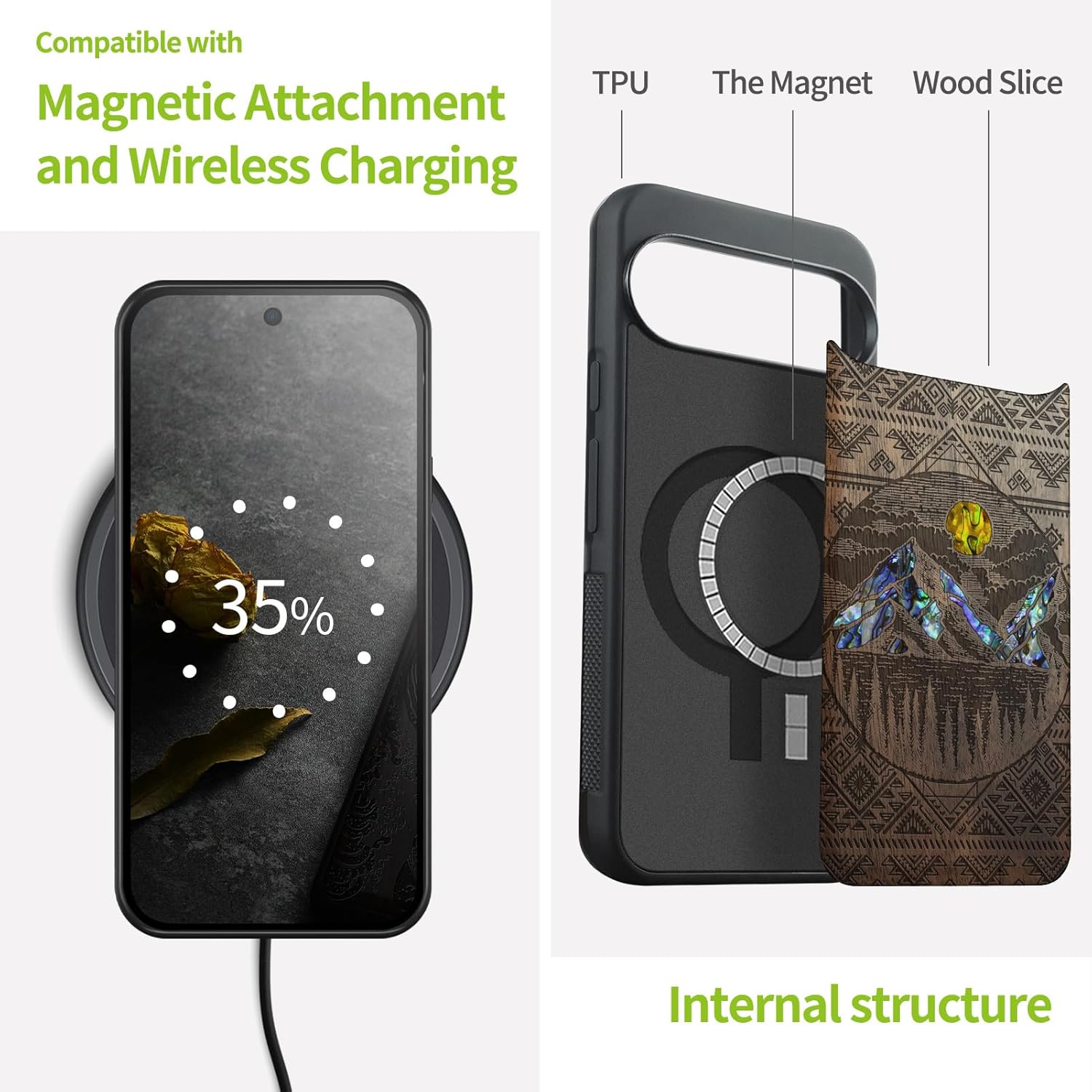 Carveit Magnetic Wooden Case for Google Pixel 10 Pro XL Case, Wood Artisan Engraved & Handmade Shell Inlaid, Compatible with MagSafe Wireless Chargers, Aztec Style Alpine Lakes - Walnut