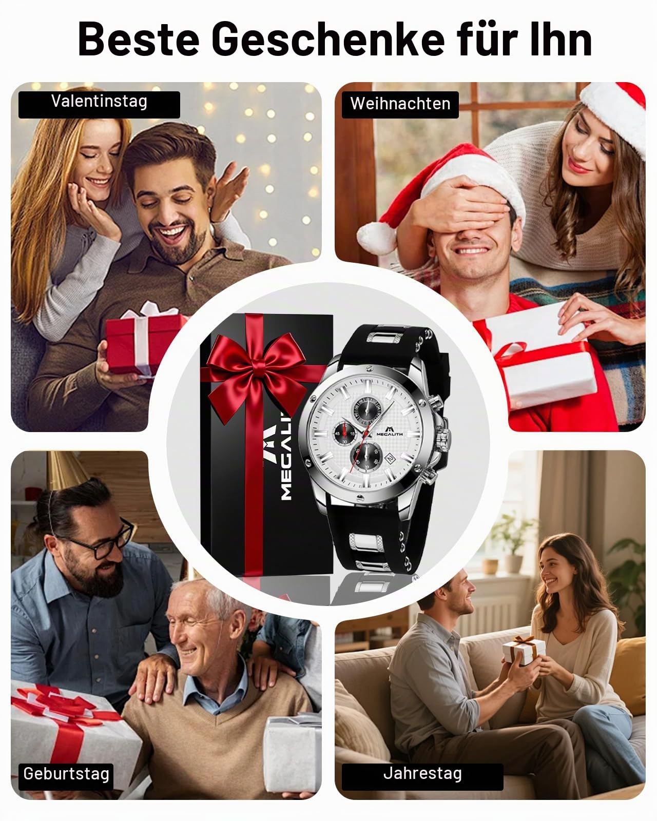 MEGALITH Herren Uhren Groß Chronographen: Analog Wasserdicht Armbanduhr Gummiband mit Datum Leuchtend - Stilvoll Geschenke für Sportlich Männer Jubiläum Geburtstag