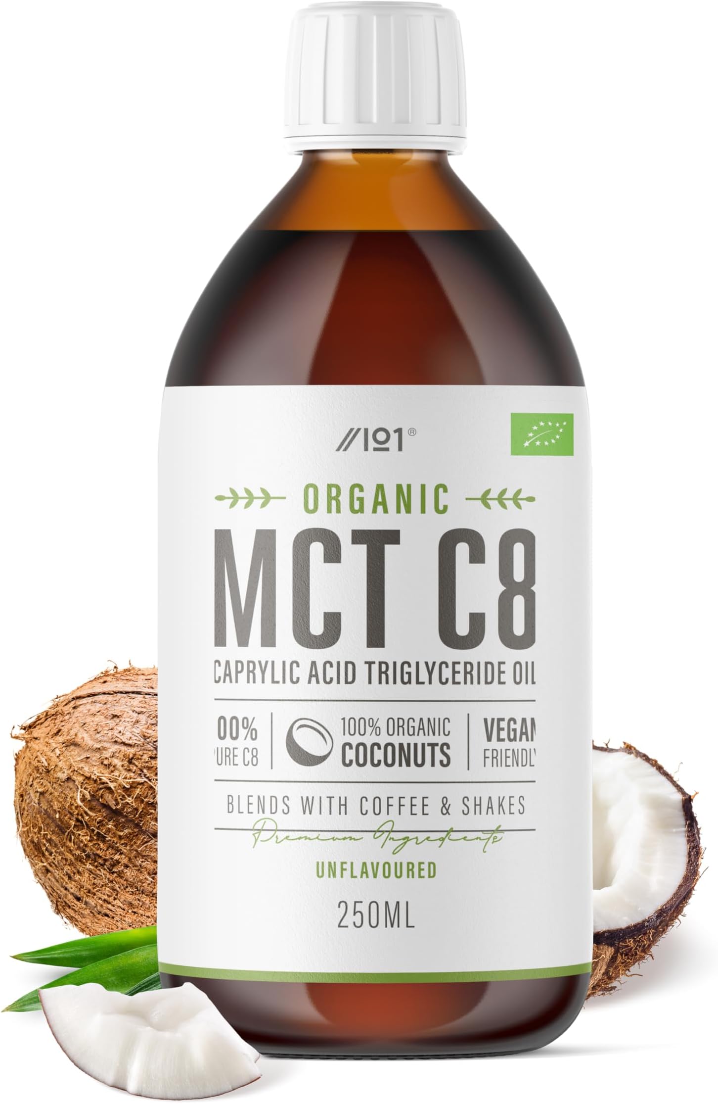 Organic C8 MCT Oil - 250ml (Glass) - 99%+ Cold Pressed C8 - Boosts Ketones 4X Versus Other MCTs – Sustainably Sourced by Alpha01