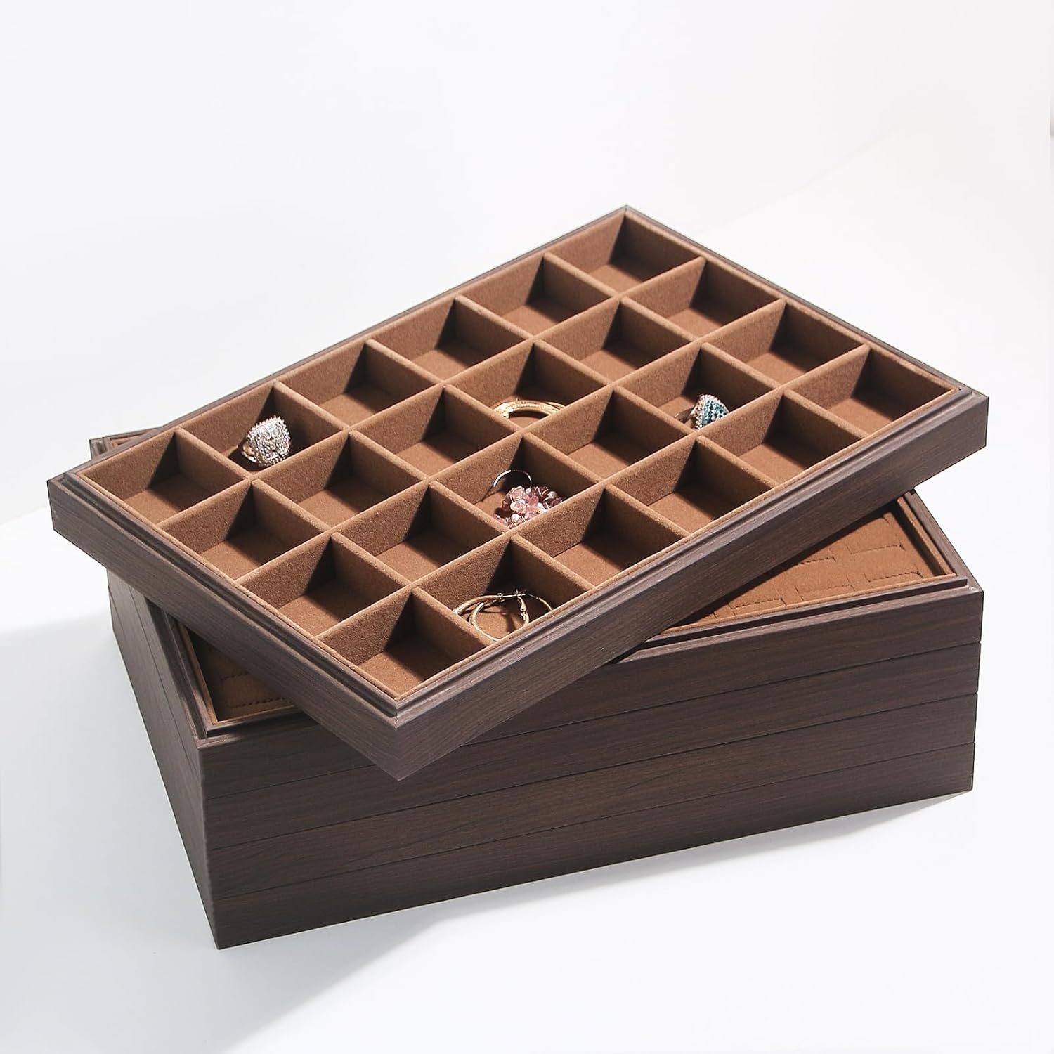2Pcs/Set Wood Jewelry Organizer Tray, Stackable 24 Grid Jewelry Display Tray for Drawer, Rings Earring Storage Case, Necklace Accessories Display Holder for Store Selling or Home Show