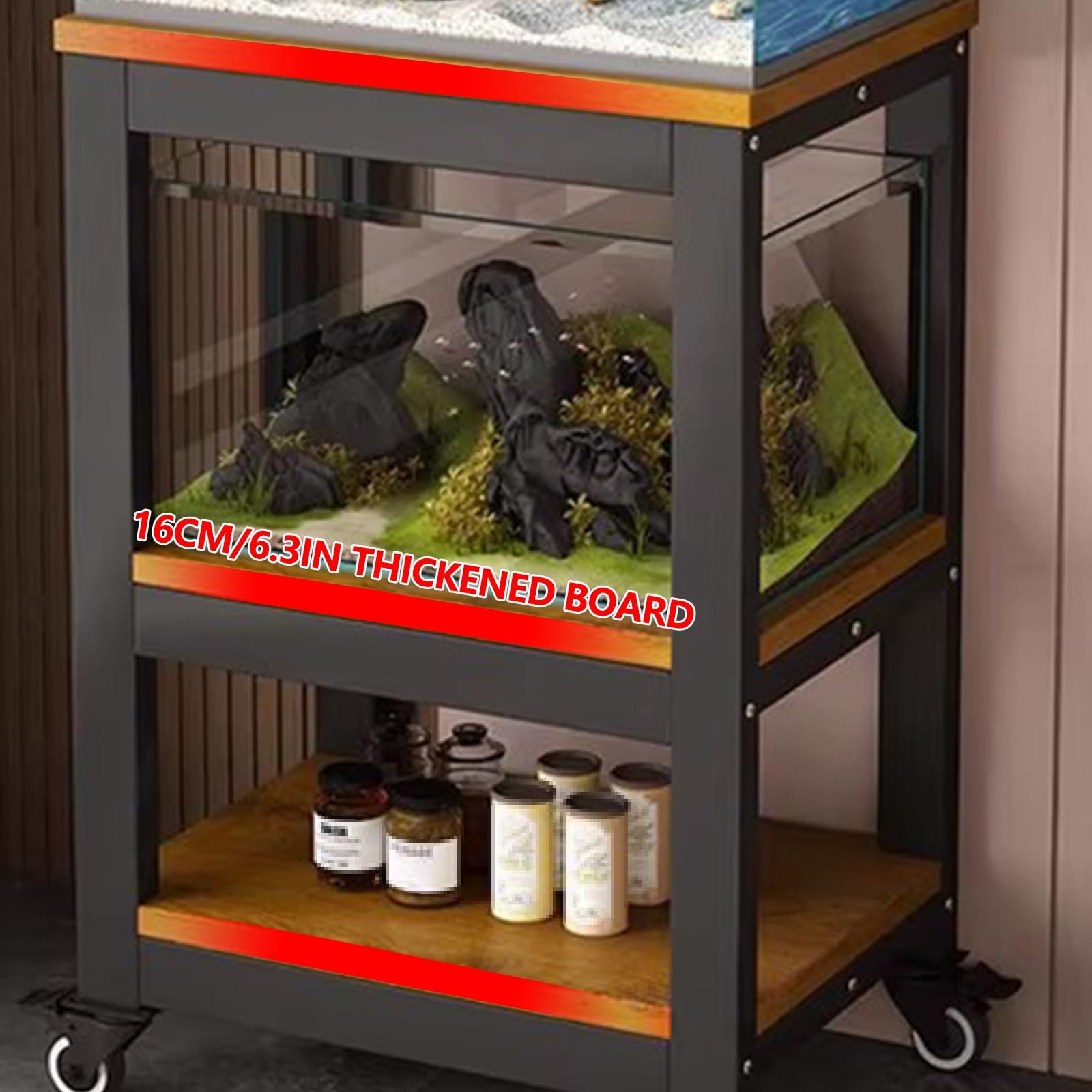 Ruchomy stojak do akwarium z kółkami, stojak na akwarium z półkami do przechowywania, ekspozycja terrarium, do salonu, sypialni, biura, czarno-brązowy, 81 x 35 x 103 cm