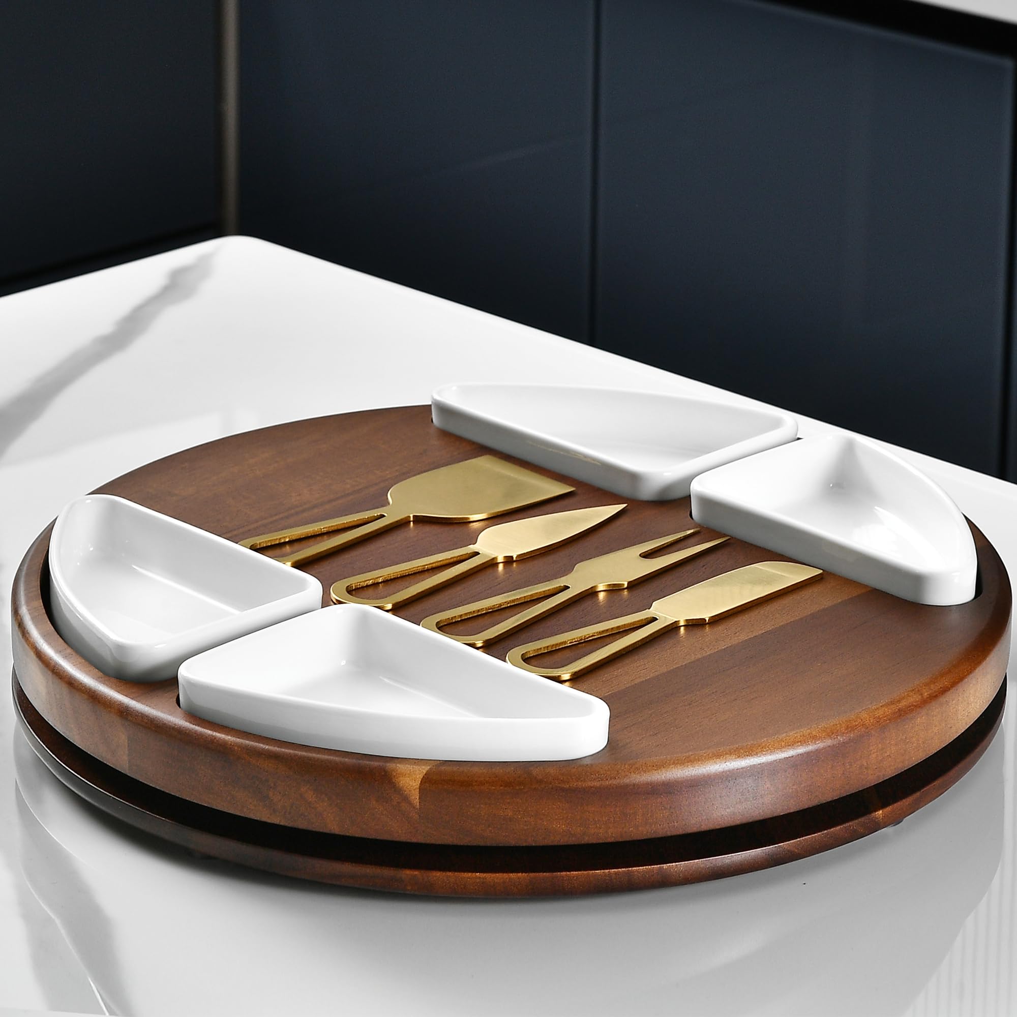 Juego de tablas de cortar de queso Lazy Susan mejoradas, tabla redonda de acacia para embutidos con 4 cuencos de cerámica, regalos de boda, plato para servir queso, despedida de soltera 5