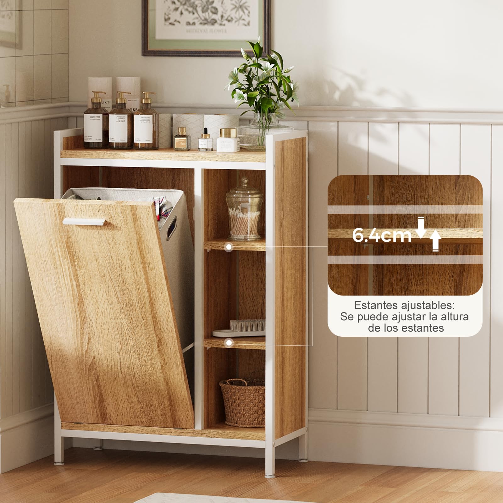 ELUCHANG Armario de Baño con Cesto Ropa Sucia 50L, Mueble de Baño 2 en 1 con 3 Divisiones Ajustables, Bolsa Extraíble Lavable, para Baño y Lavadero, 63x30x91cm, Roble Claro + Blanco