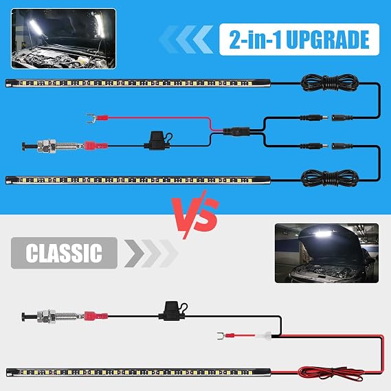 2-in-1 Under Hood LED Light Kit, Waterproof 12V Car LED Light Bar Car Underhood Work Lights with Automatic On/Off, 2pcs 36cm/14.17in 21LEDs Light Strip Kit, Universal Fits Any Vehicle