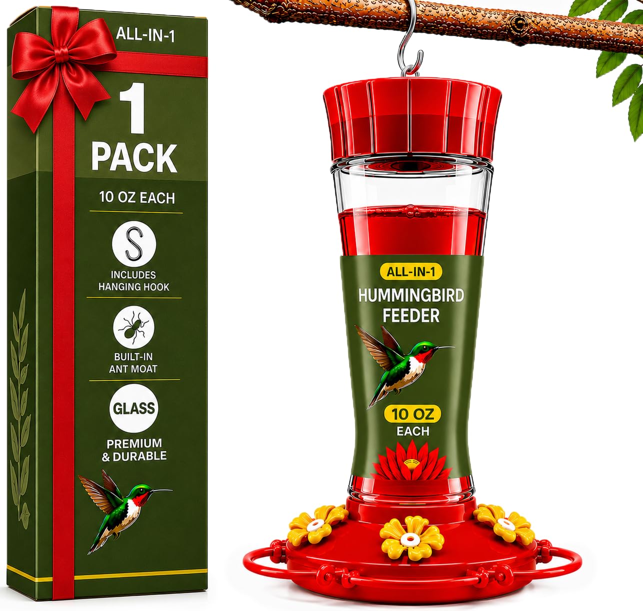 Comedero de colibrí de Vidrio de 10 onzas para Exteriores, con Protector de Hormigas Integrado, Percha Circular con 5 Puertos de alimentación, Boca Ancha para un fácil llenado/Base de 2 Partes para