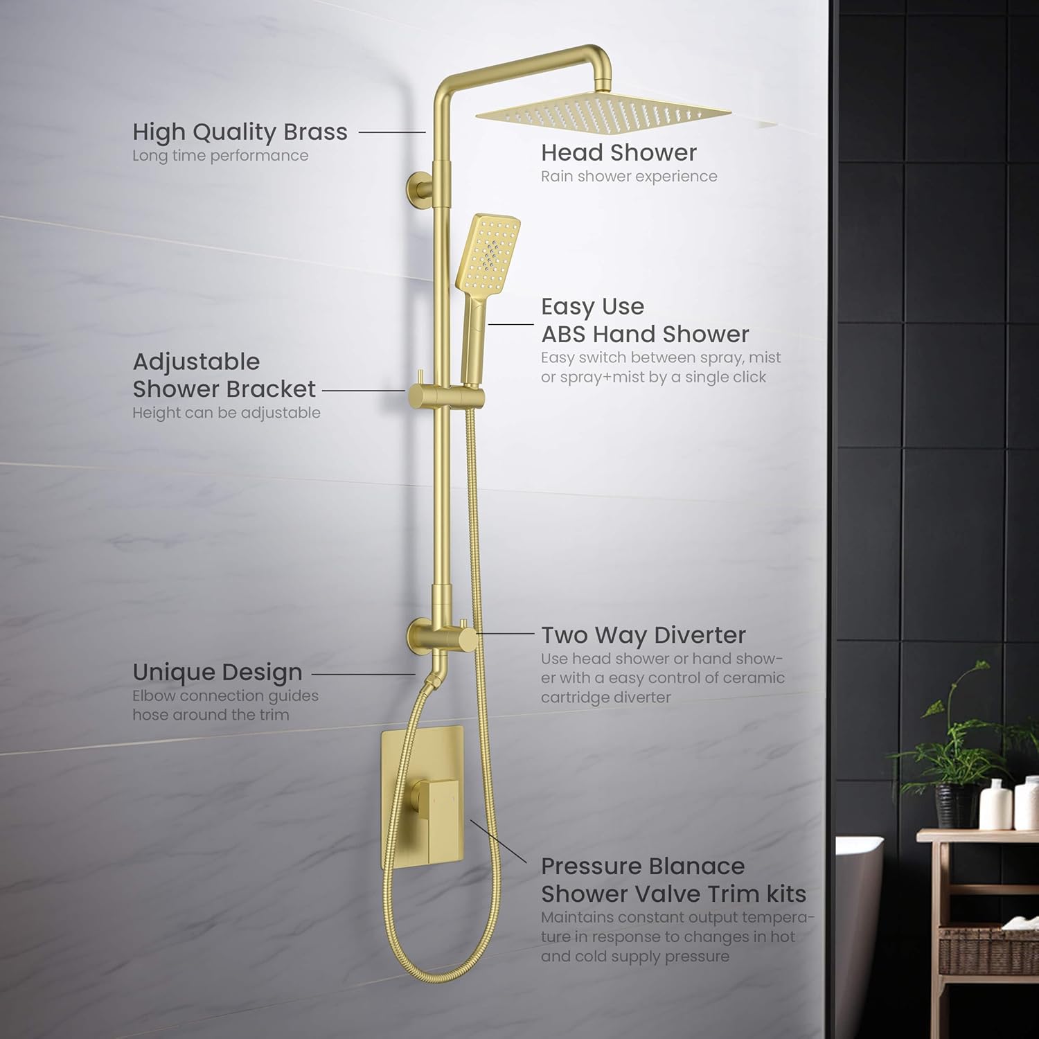 KIBI Cube 2-Function Wall Mounted Rain Shower Column | Bathroom Shower Faucet System with Solid Brass Rough-In Valve, 10" Rain Shower Head | Easy Temperature Control (Brushed Gold, KSC404)