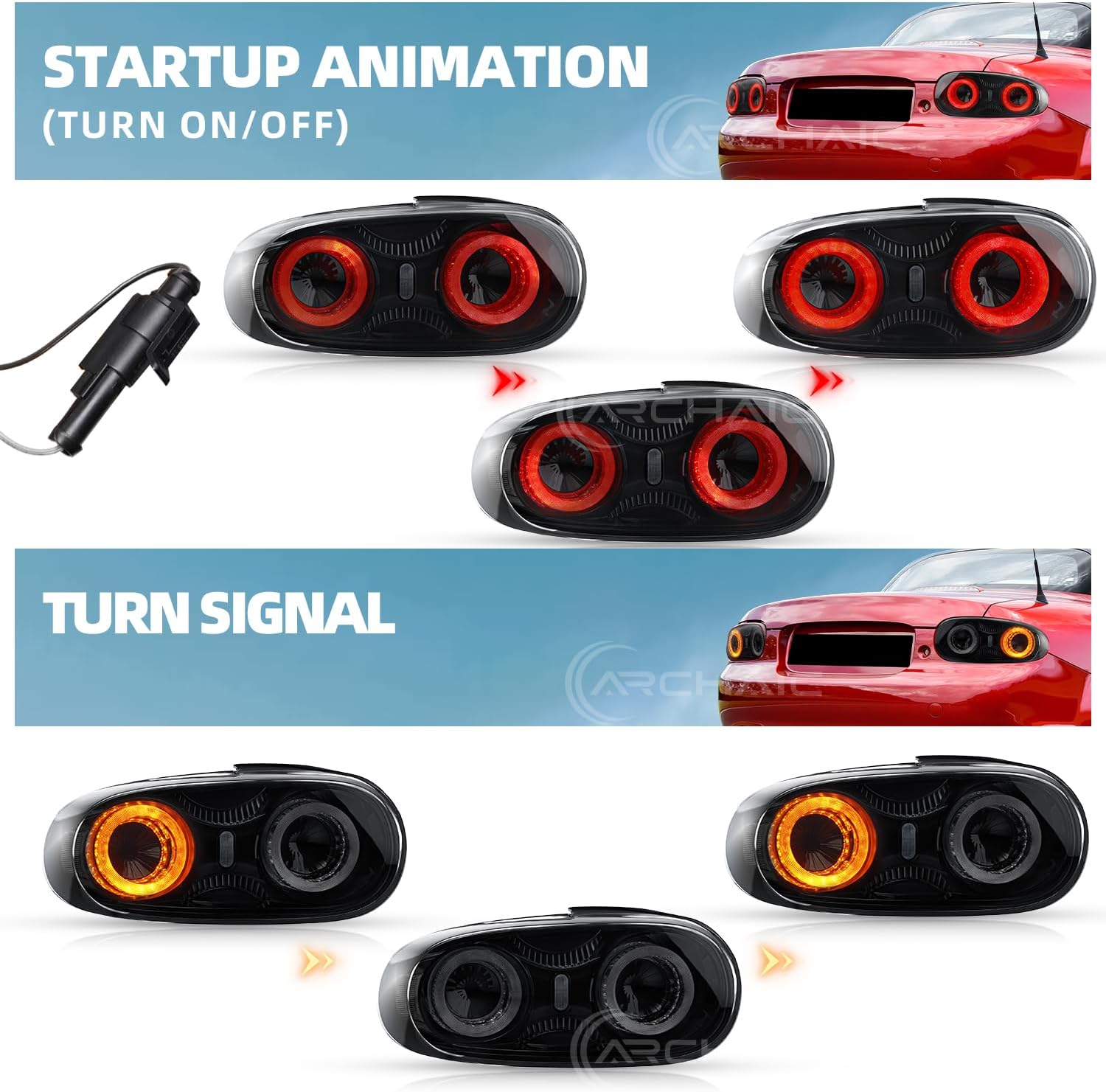 Archaic Tail Lights Compatible for Mazda MX-5 MK3 Miata NC1 NC2 NC3 2005-2015,w /3D Animation DRL,JDM Design Taillights