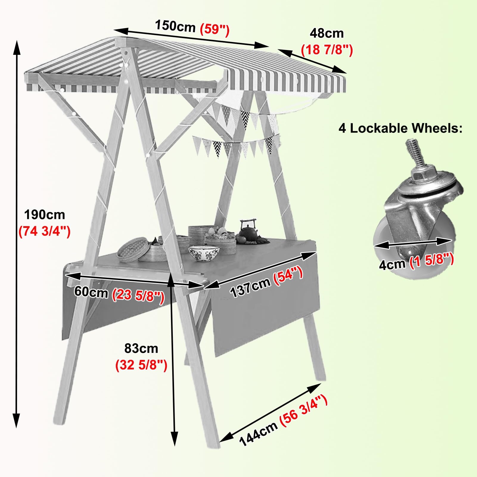 Marktstand Verkaufsstand Mobiler Verkaufswagen für Essens- und Eisveranstaltungen, Überdachte Verkaufsstände, Obst- und Blumenständer, Hotdog-Kiosk aus Holz, Faltbar(Orange/2,Width/150cm(59"))