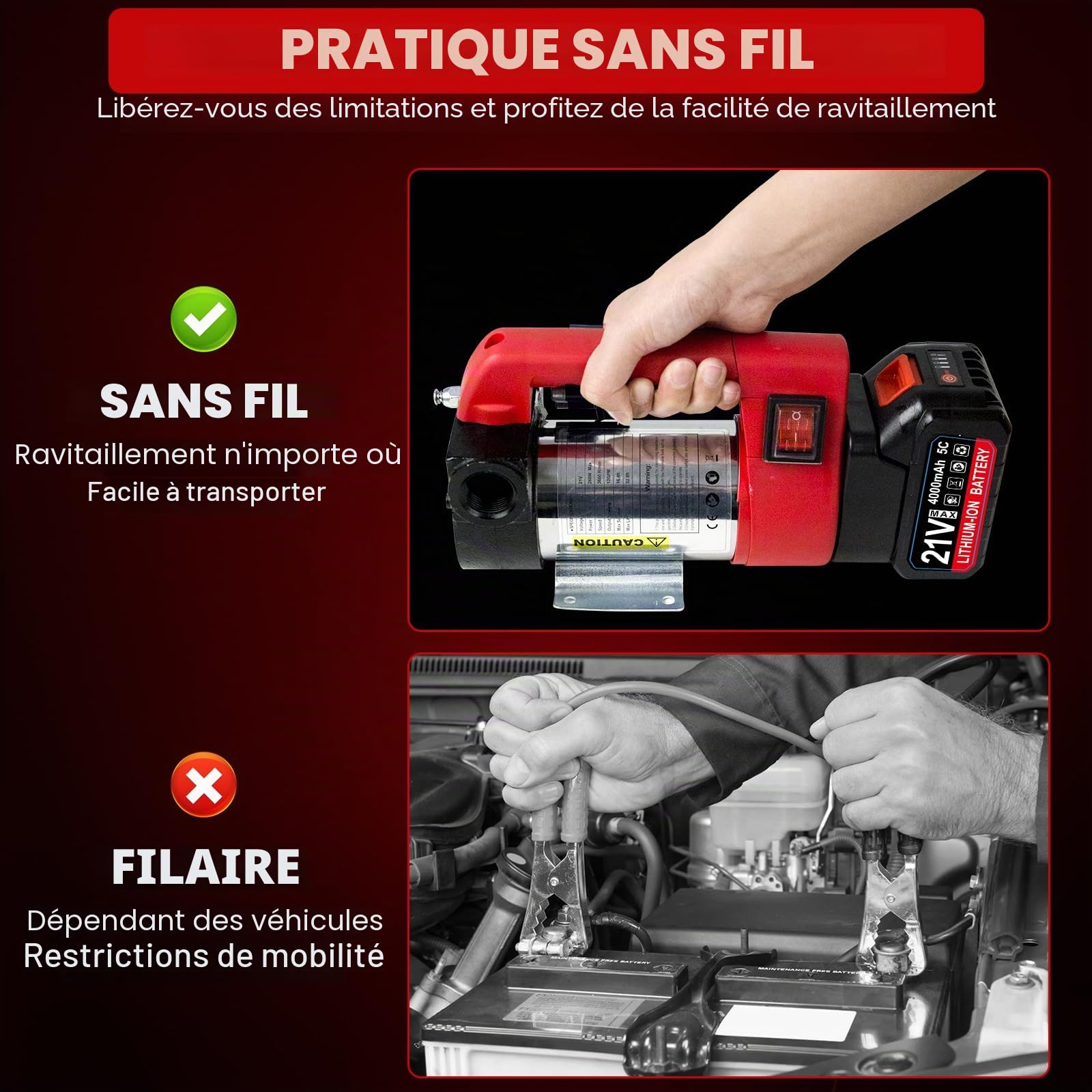 Pompe à Gasoil Sans Fil 45L/min, 260W Pompe Électrique Portable