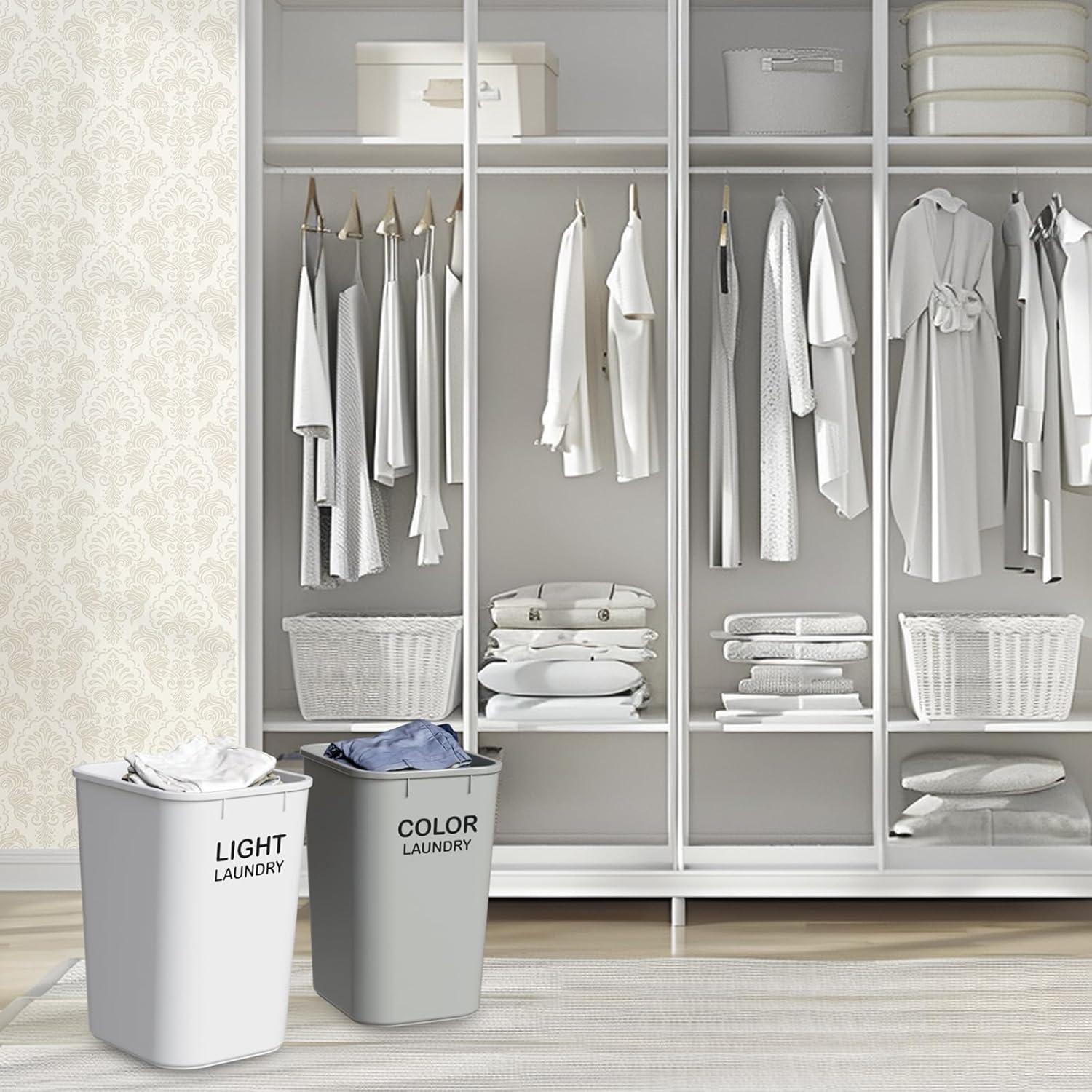 Acrimet Laundry Hamper, Set of 2 Sorter Baskets 27 QT, White for Light Clothes and Gray for Colored Clothes, Plastic