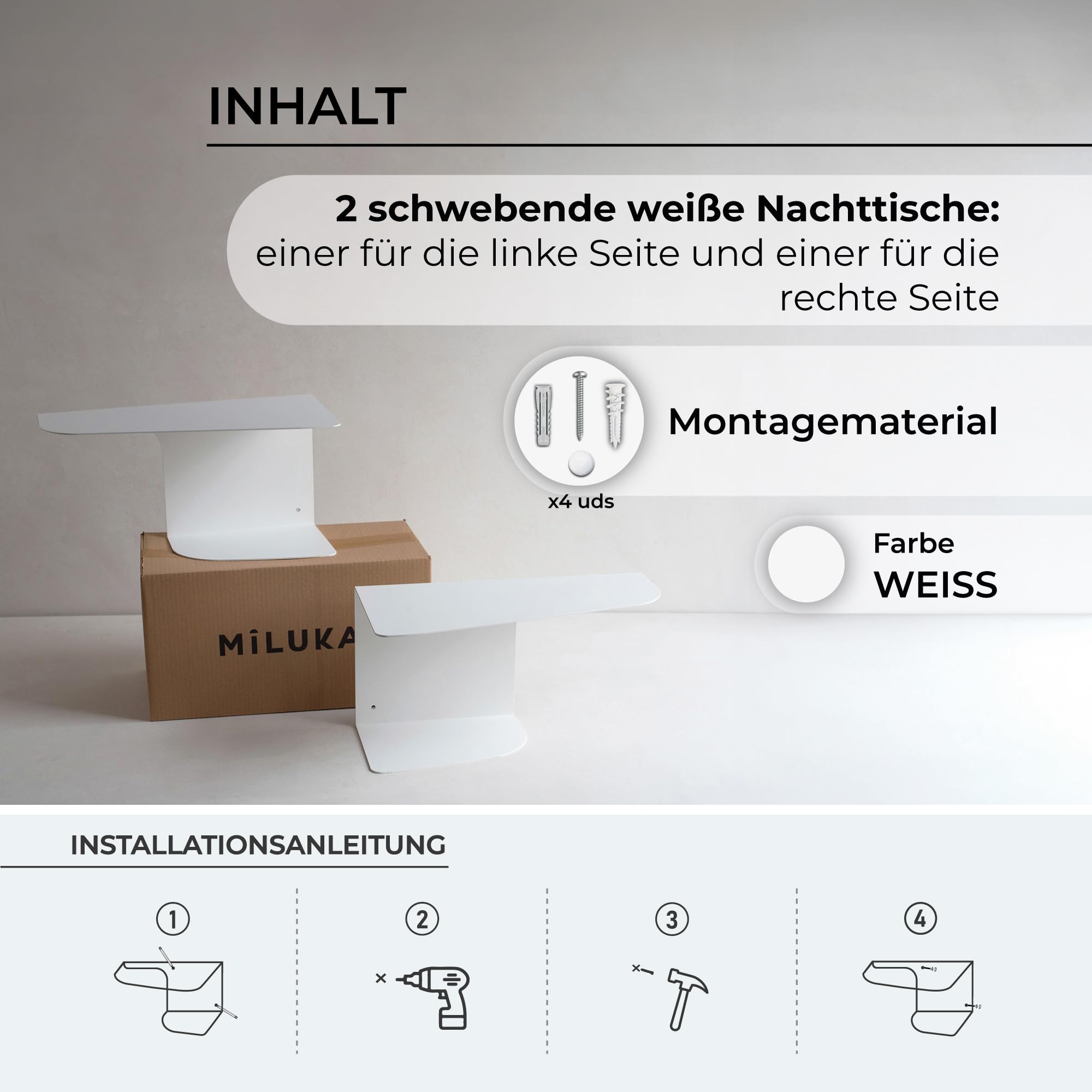 MILUKA Schwebender Nachttisch Weiß Metall 2er Set, 40 x 20 cm, mit 2 Ebenen | Nachttisch Hängend für Schlafzimmer & Kinderzimmer, Ideal als Nachtkommode, Sideboard, Kleines Wandregal oder Eckregal