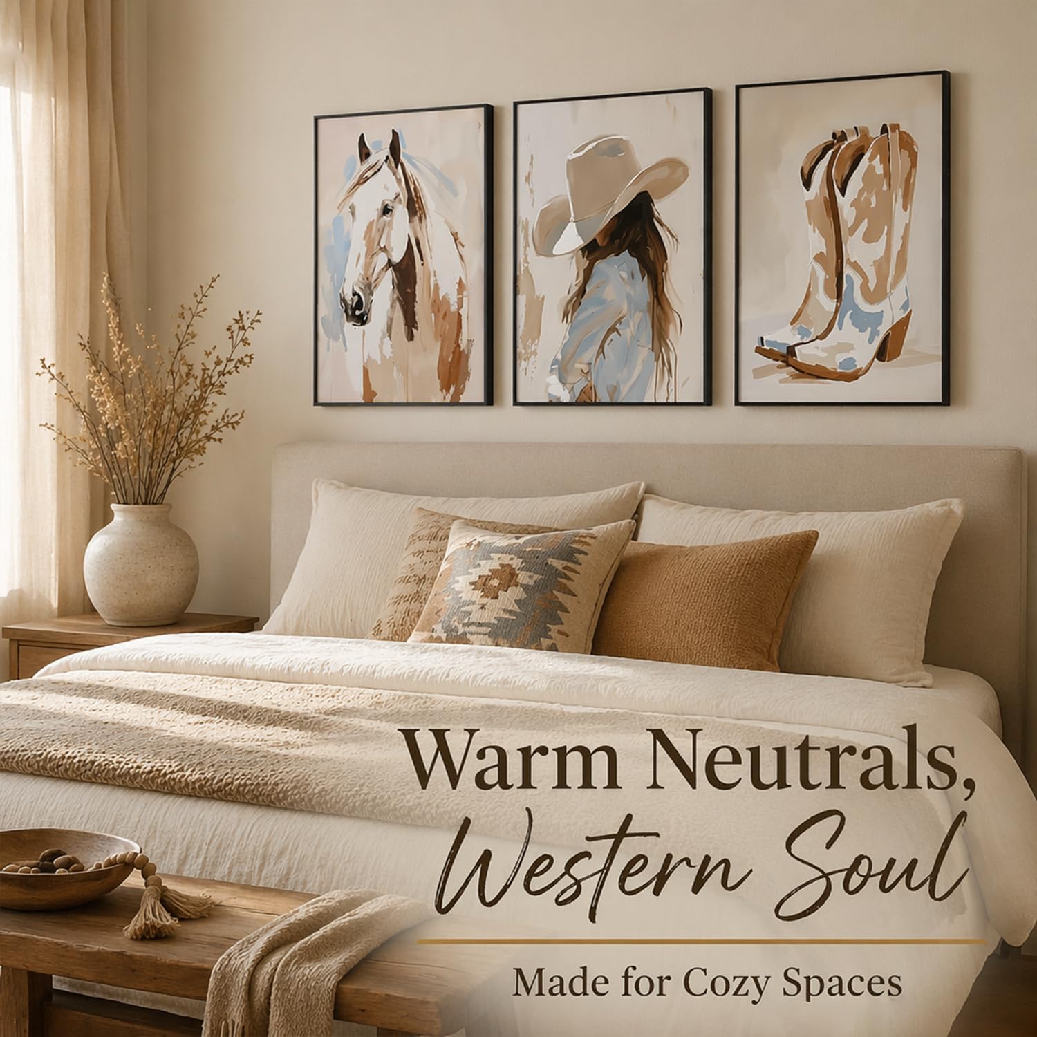 3Pcs Black Framed Cowgirl Canvas Wall Art horse pictures wall decor cowboy boot Wall Decor Pictures western girls bedroom Poster Prints for Room Bedroom Dorm Home Decoration 12x16 in