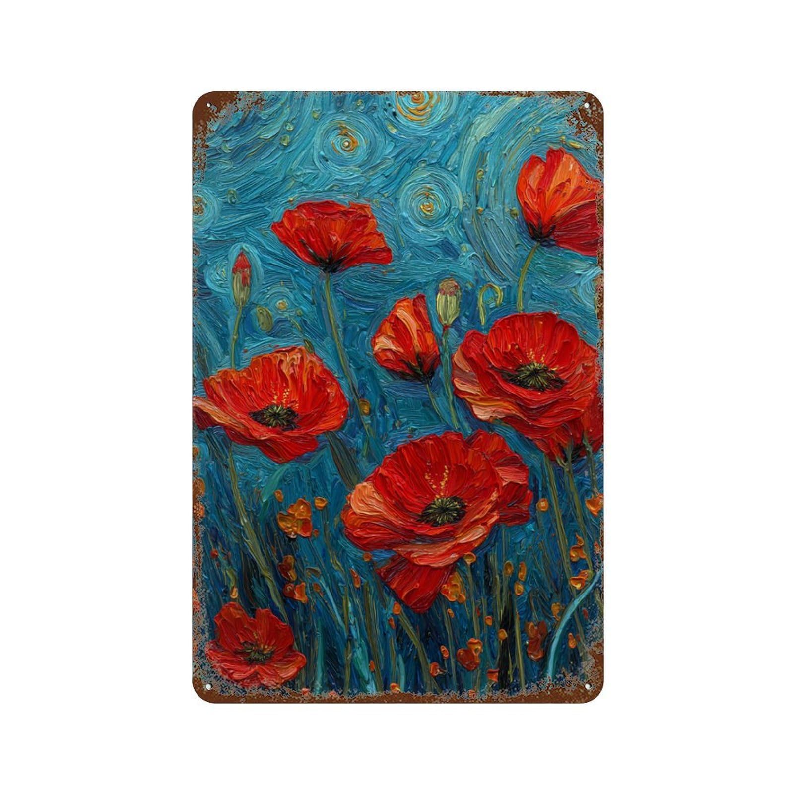 Poppies in Blue Field 11.8"x7.9" Retro Metal Sign, Shabby Chic Decor for Garage, Bar And Workshop Decor