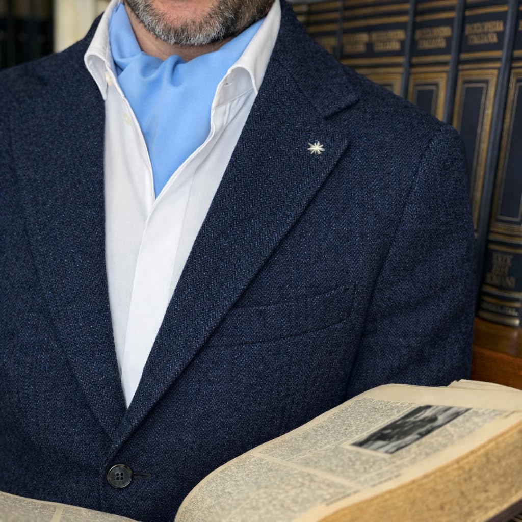 Remo Sartori - Pañuelo para hombre Ascot doble pala de pura seda de color liso, fabricado en Italia, azul claro, Talla única