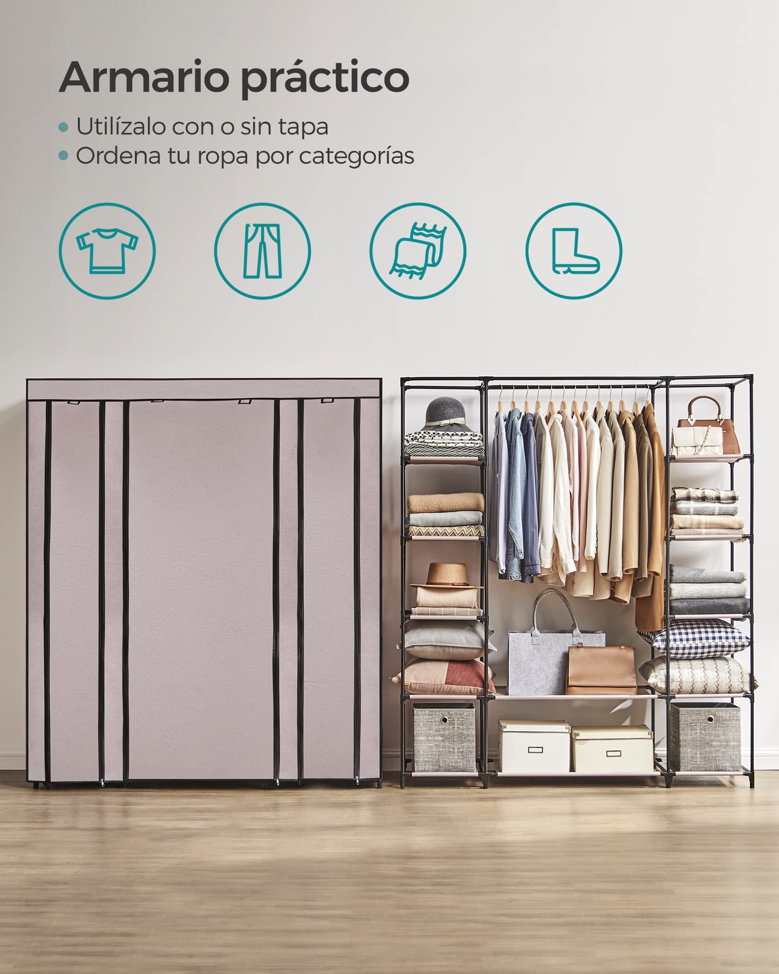 SONGMICS Armario de Tela, Armario Ropero con Cubierta de Tela no Tejida, 45 x 150 x 175 cm, 12 Compartimentos, Marco de Metal, Armario de Dormitorio, Rosa Empolvado LSF003P02