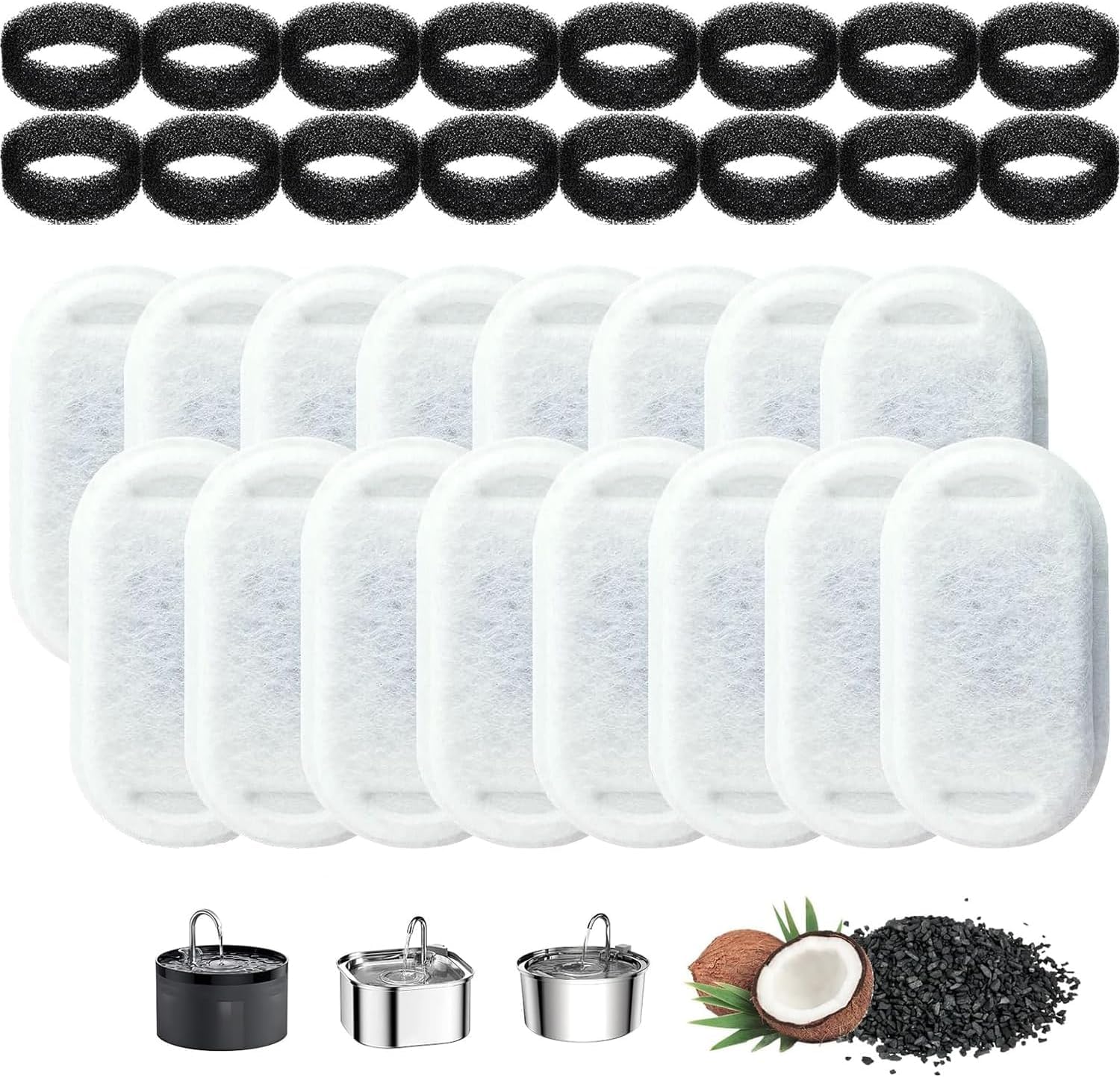 Katzenbrunnen Filter, 32 Stück Filter Katzenbrunnen,Ersatzfilter für Trinkbrunnen, Filter für Katzenbrunnen, Katzen Trinkbrunnen Filter 3.2L /2L,16 Stück Kohlefilter,16 Stück Schaumfilter
