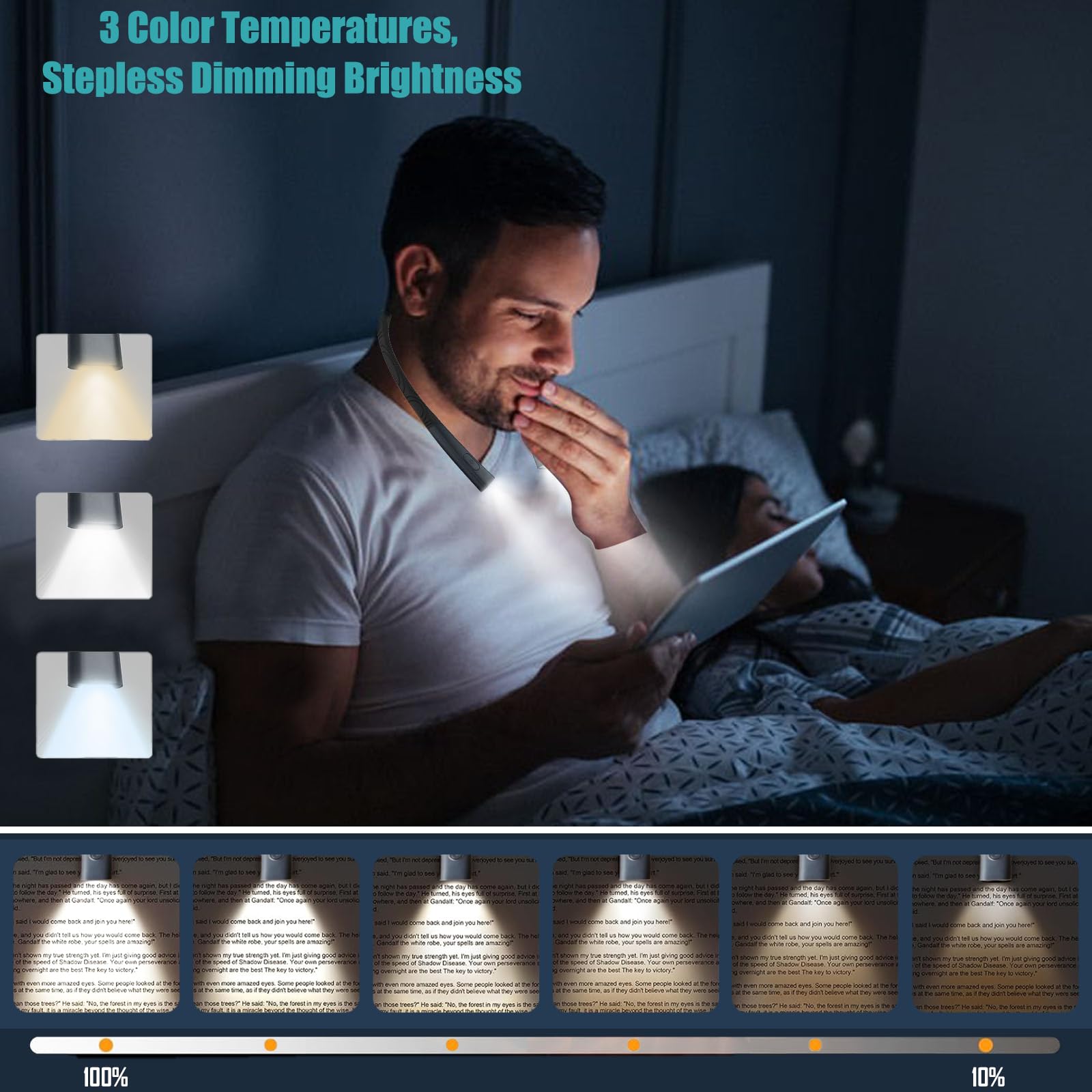YOMEKUQI LED Neck Reading Light, Hands Free Rechargeable 3 Colors & Stepless Dimming, Bendable Arms, Comfortable & Lightweight for Bed, Crafting, Knitting