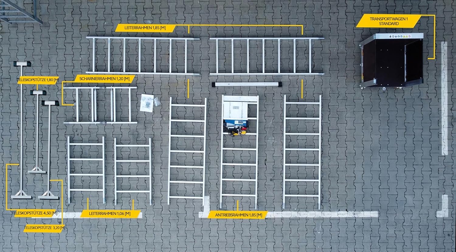 Schrägaufzug Elektrisch - Leiterlift, Bauaufzug mit Transportwagen - Hubhöhe 12 m, Tragkraft bis 0,12 t - 63 x 1250 cm - Aus leichtem Aluminium gefertigt - für Transport von Werkzeugen