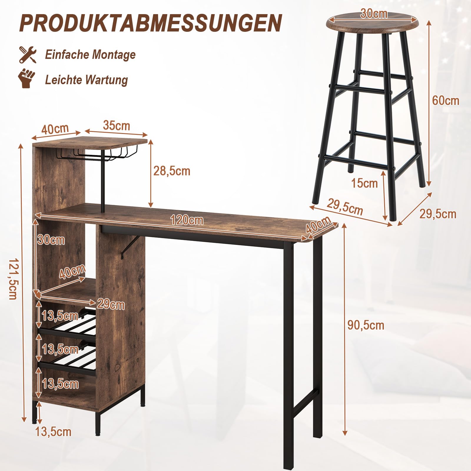 RELAX4LIFE Bartisch Set 3-Teilig, Esstisch mit 2 Barhockern, Thekentisch mit 3 Ablagen & 2-stufigem Weinregal & Glashalter, Bistrotisch Set mit Metallgestell, Essgruppe für 2 Personen (Kaffee)