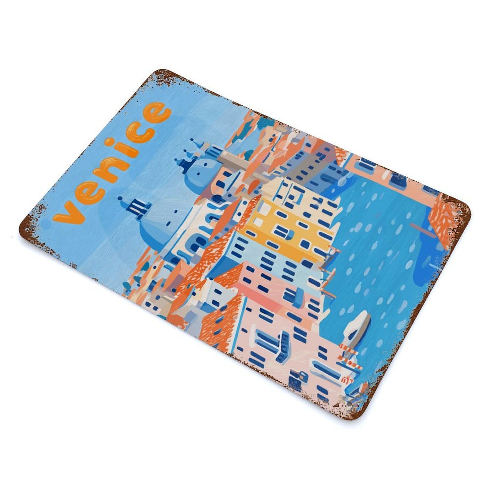 Aged Metal Wall Plaque with Venice Cityscape Illustration Design 11.8"x7.9", for Basement, Hobby Room And Garage Decor, Classic Wall Plaque