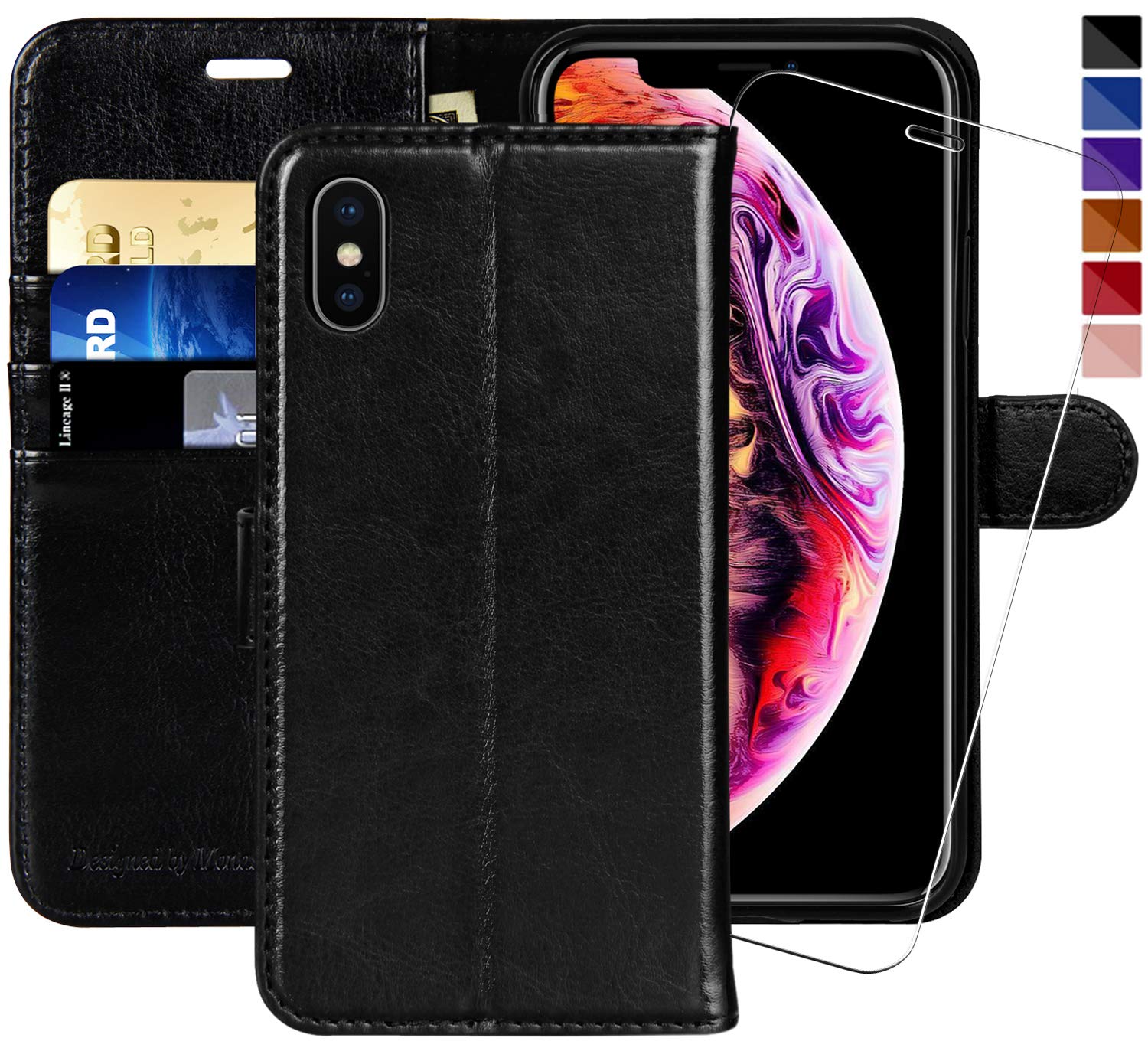 MONASAYiPhone Xs MAX Wallet Case,6.5-inch, [Glass Screen Protector Included][RFID Blocking] Flip Folio Leather Cell Phone Cover with Credit Card Holder for iPhone Xs MAX,Black